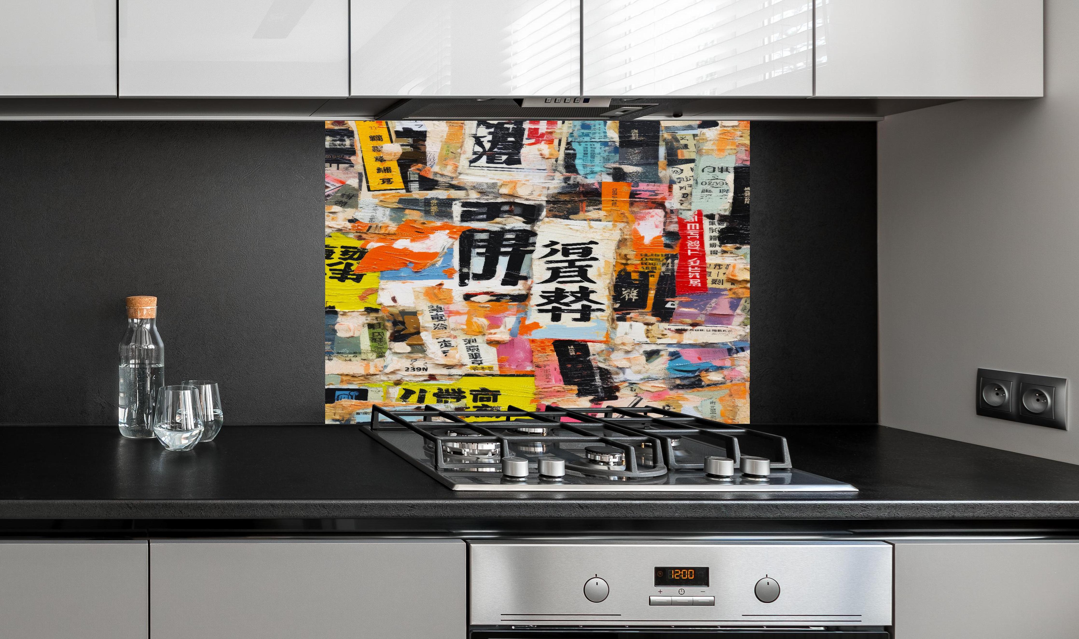 Spritzschutz - Asiatische Graffiti-Collage, Farbenspiel hinter einem Cerankochfeld zwischen Holz-Kochutensilien