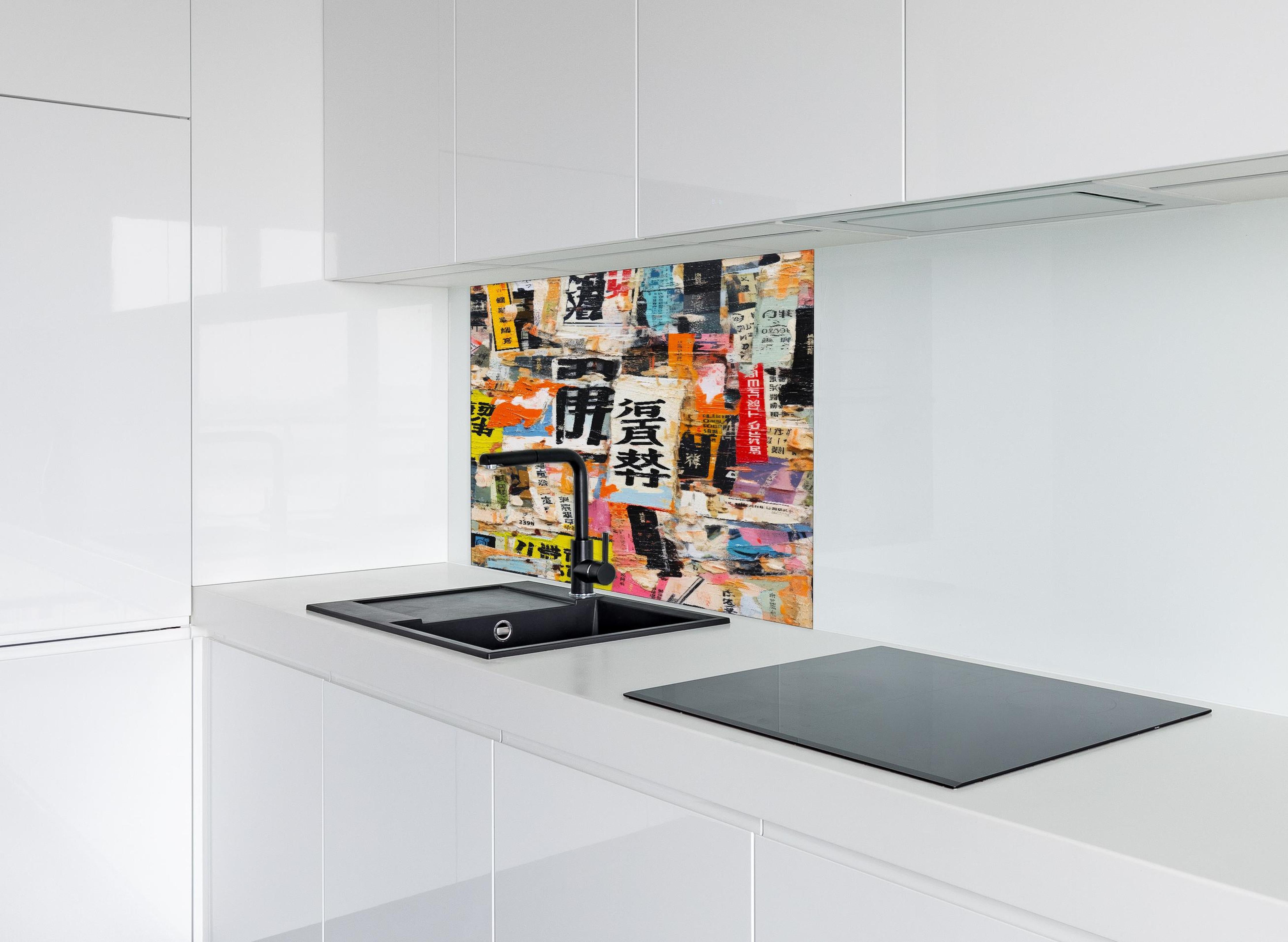 Spritzschutz - Asiatische Graffiti-Collage, Farbenspiel hinter einem Cerankochfeld zwischen Holz-Kochutensilien