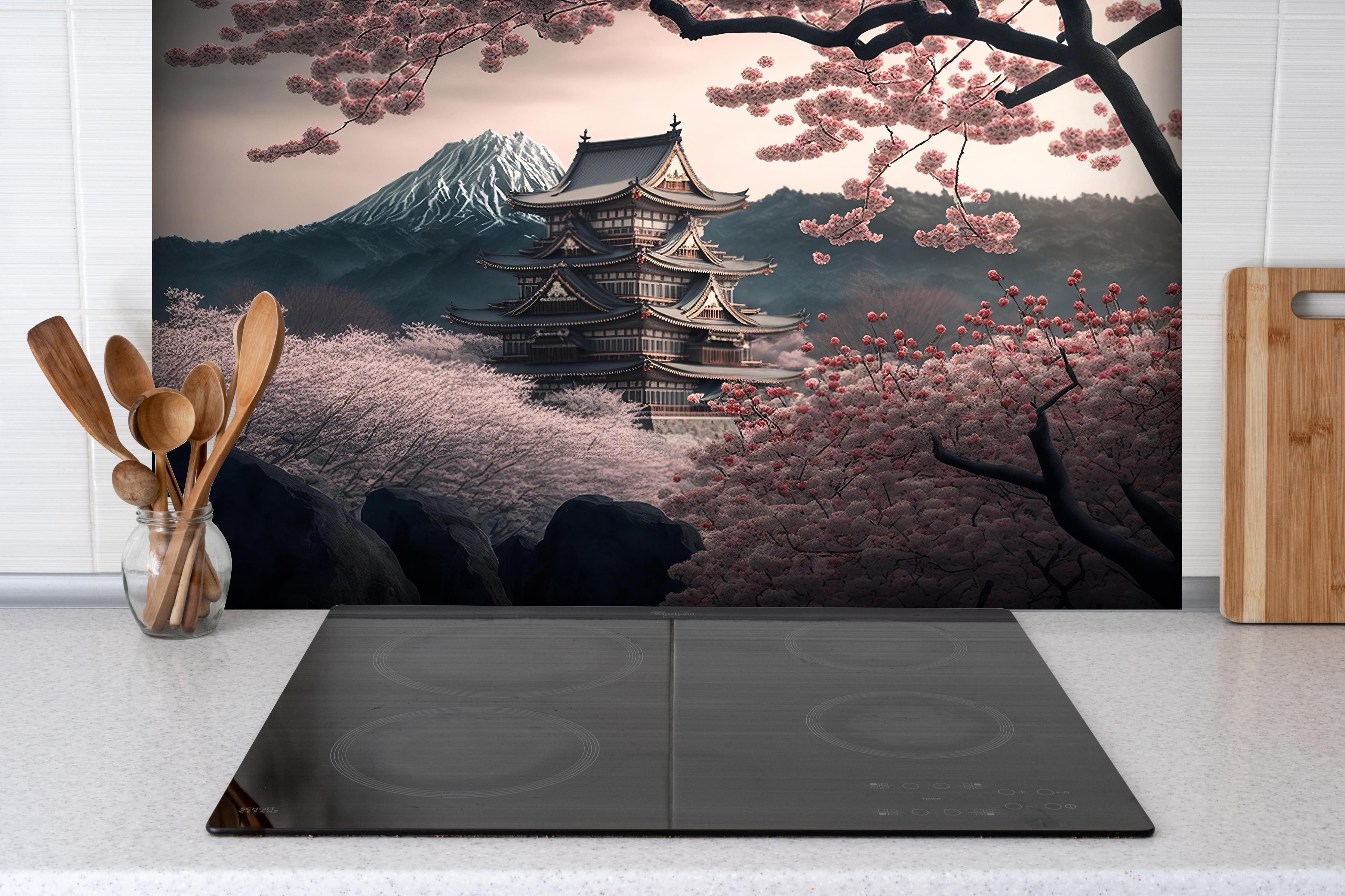 Spritzschutz - Asiatische Kirschblüte mit Tempelblick hinter einem Cerankochfeld zwischen Holz-Kochutensilien