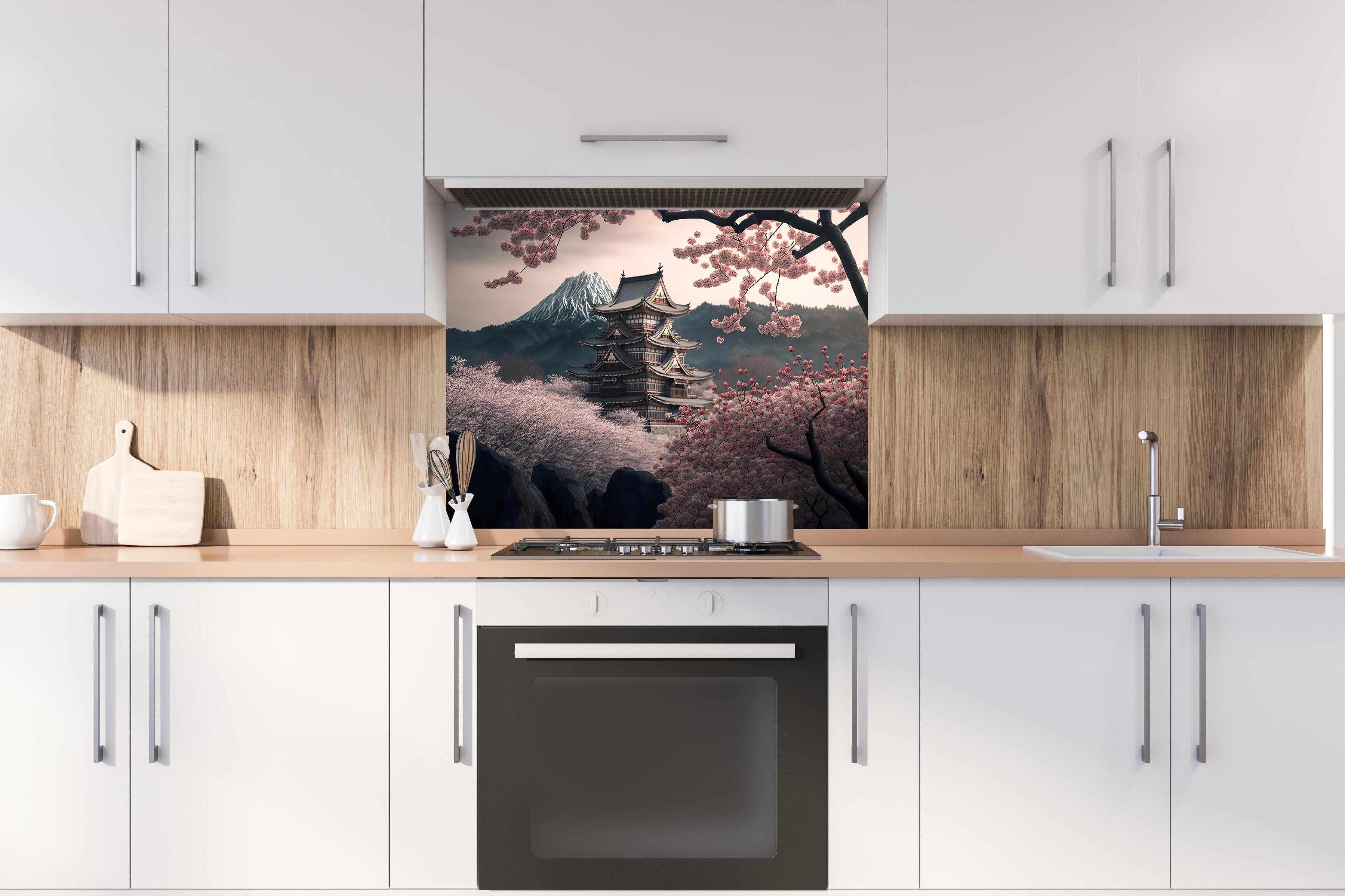 Spritzschutz - Asiatische Kirschblüte mit Tempelblick hinter einem Cerankochfeld zwischen Holz-Kochutensilien
