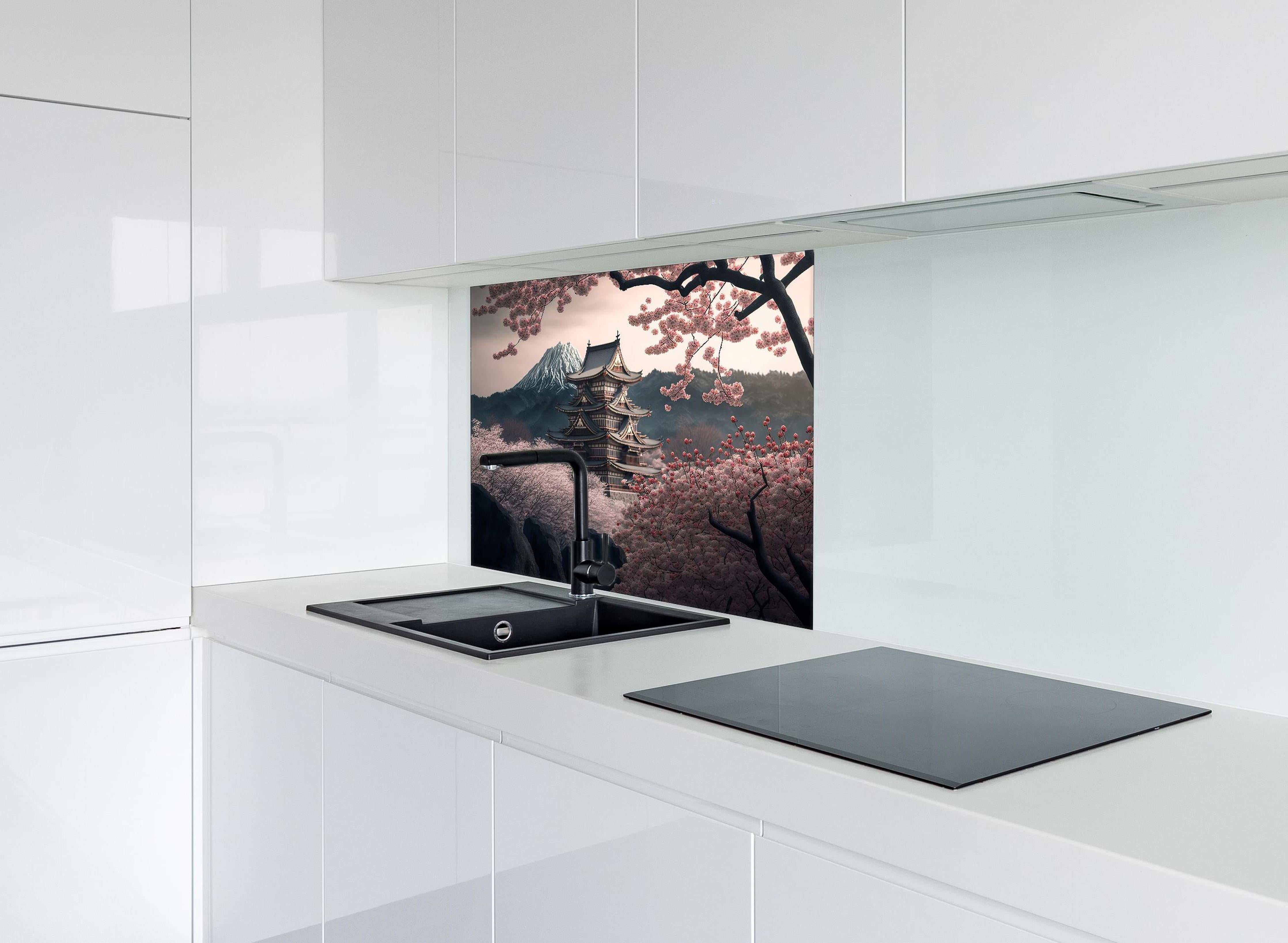 Spritzschutz - Asiatische Kirschblüte mit Tempelblick hinter einem Cerankochfeld zwischen Holz-Kochutensilien