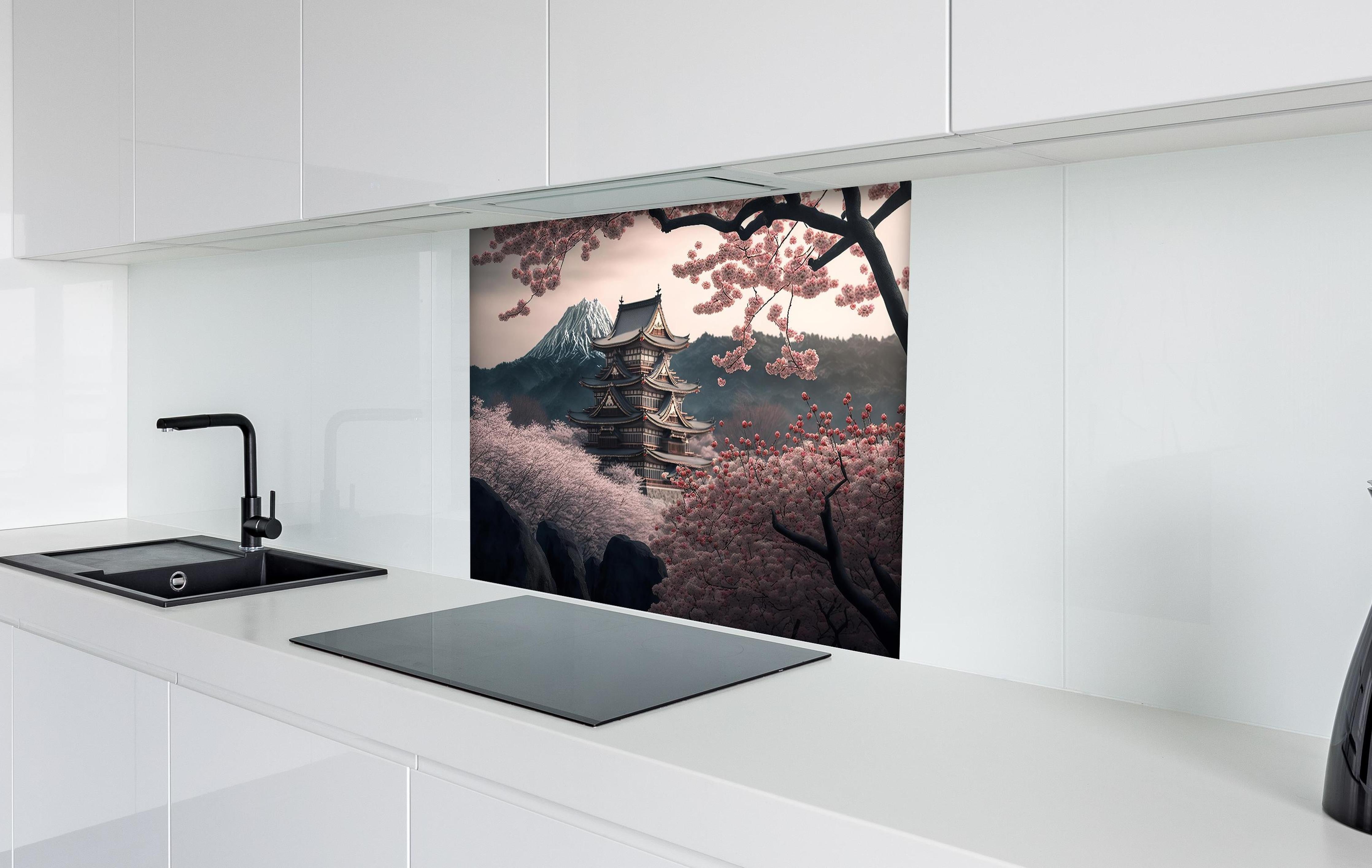 Spritzschutz - Asiatische Kirschblüte mit Tempelblick hinter einem Cerankochfeld zwischen Holz-Kochutensilien