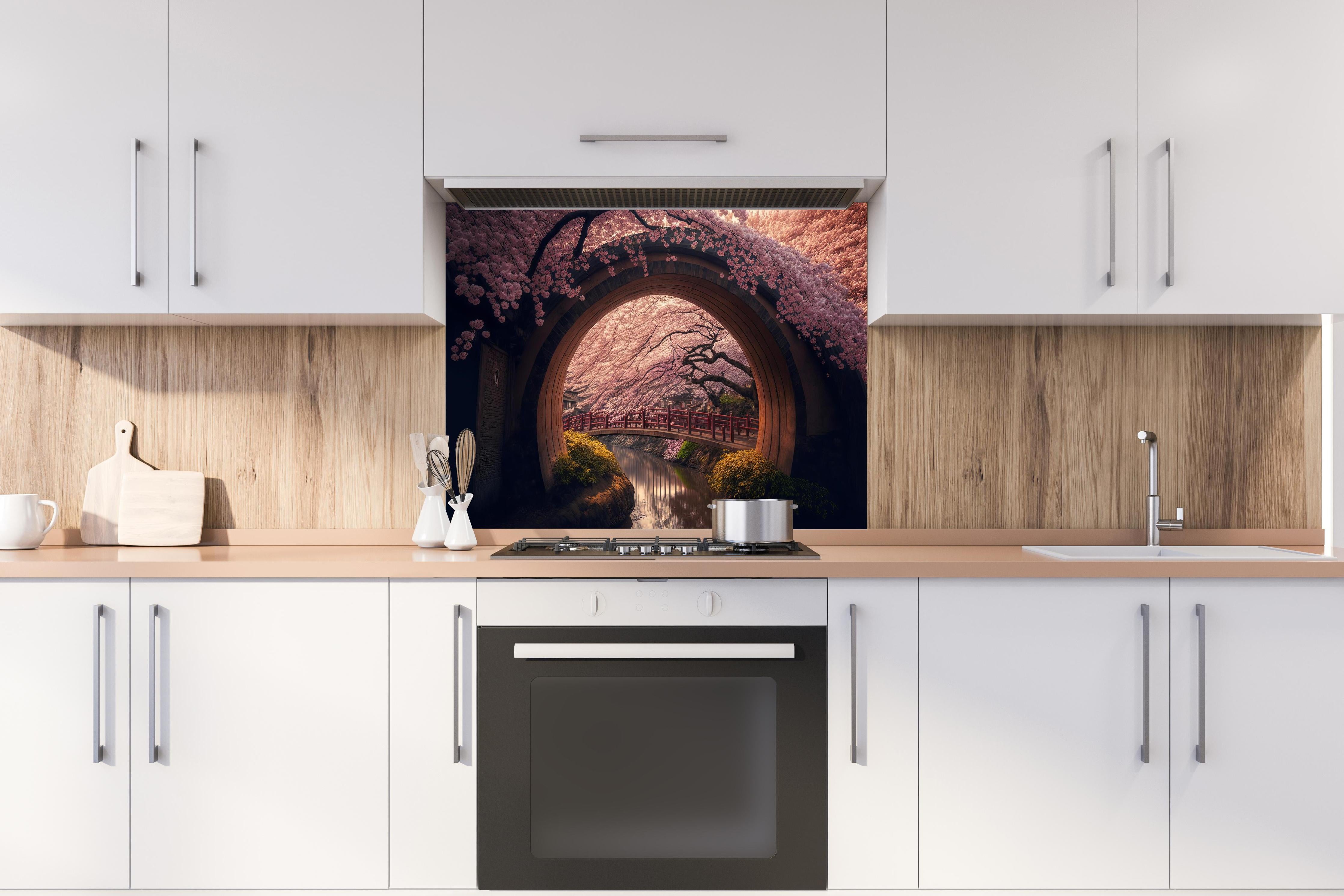 Spritzschutz - Asiatische Kirschblüte über Holzbrücke hinter einem Cerankochfeld zwischen Holz-Kochutensilien