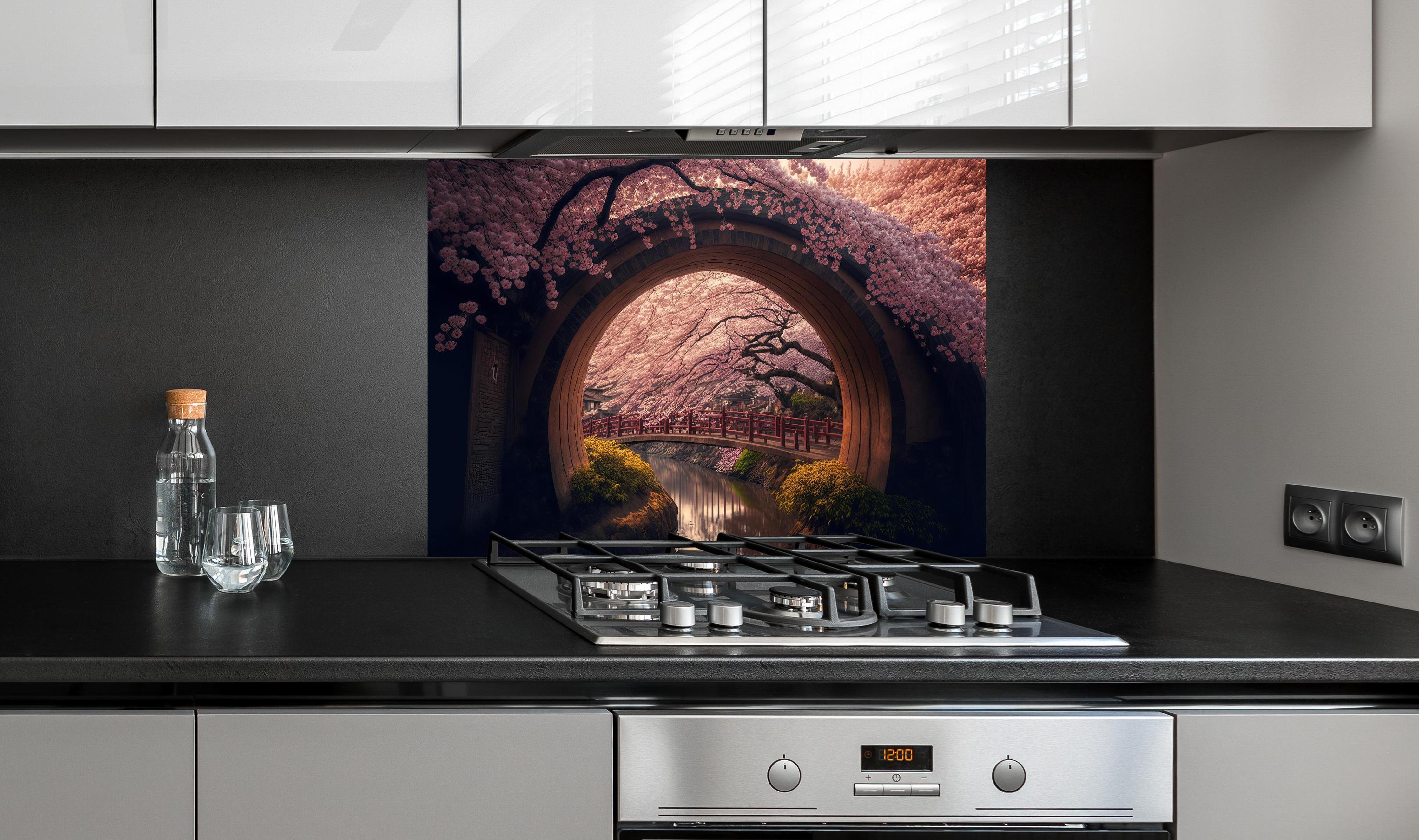 Spritzschutz - Asiatische Kirschblüte über Holzbrücke hinter einem Cerankochfeld zwischen Holz-Kochutensilien