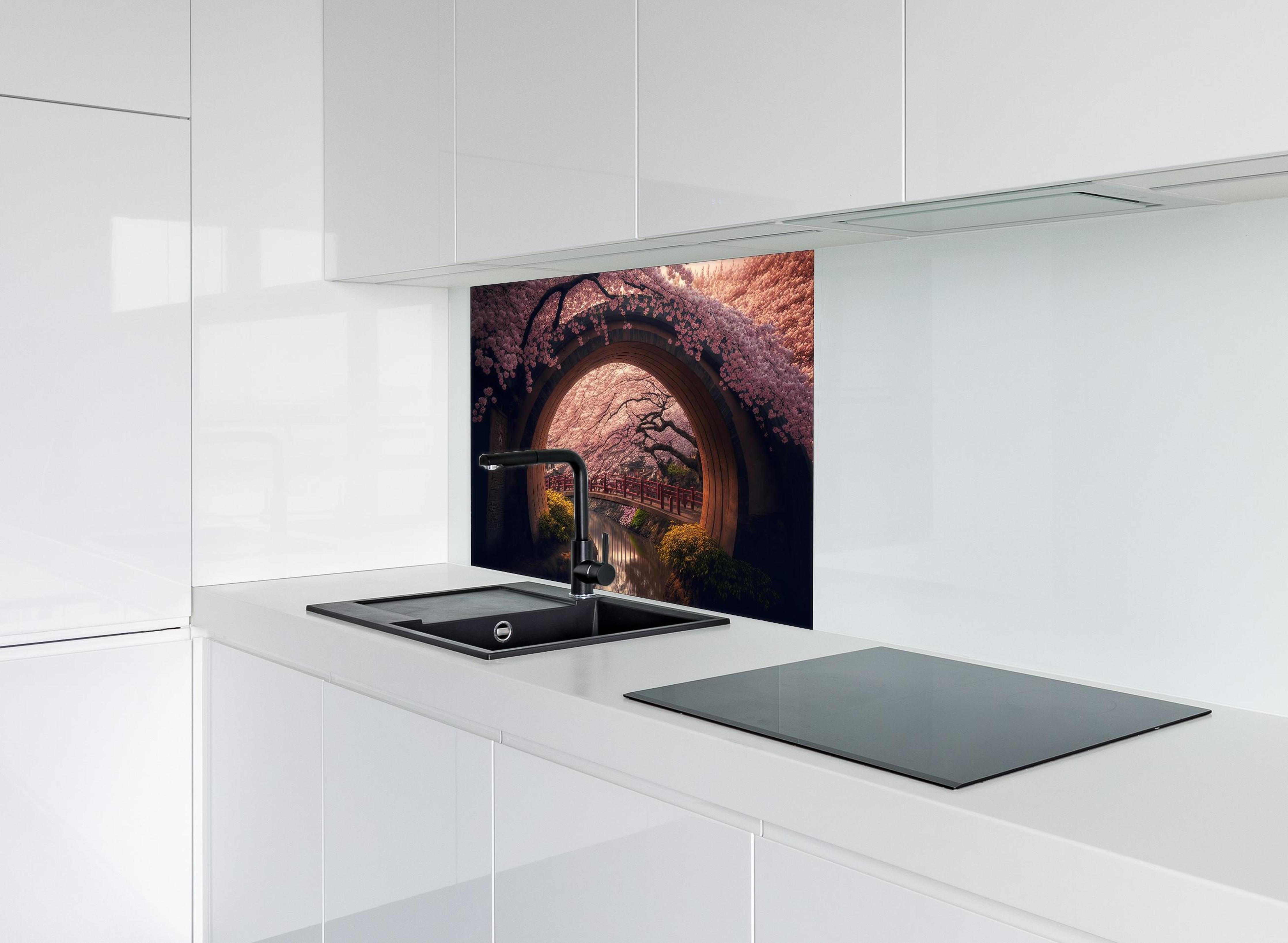 Spritzschutz - Asiatische Kirschblüte über Holzbrücke hinter einem Cerankochfeld zwischen Holz-Kochutensilien