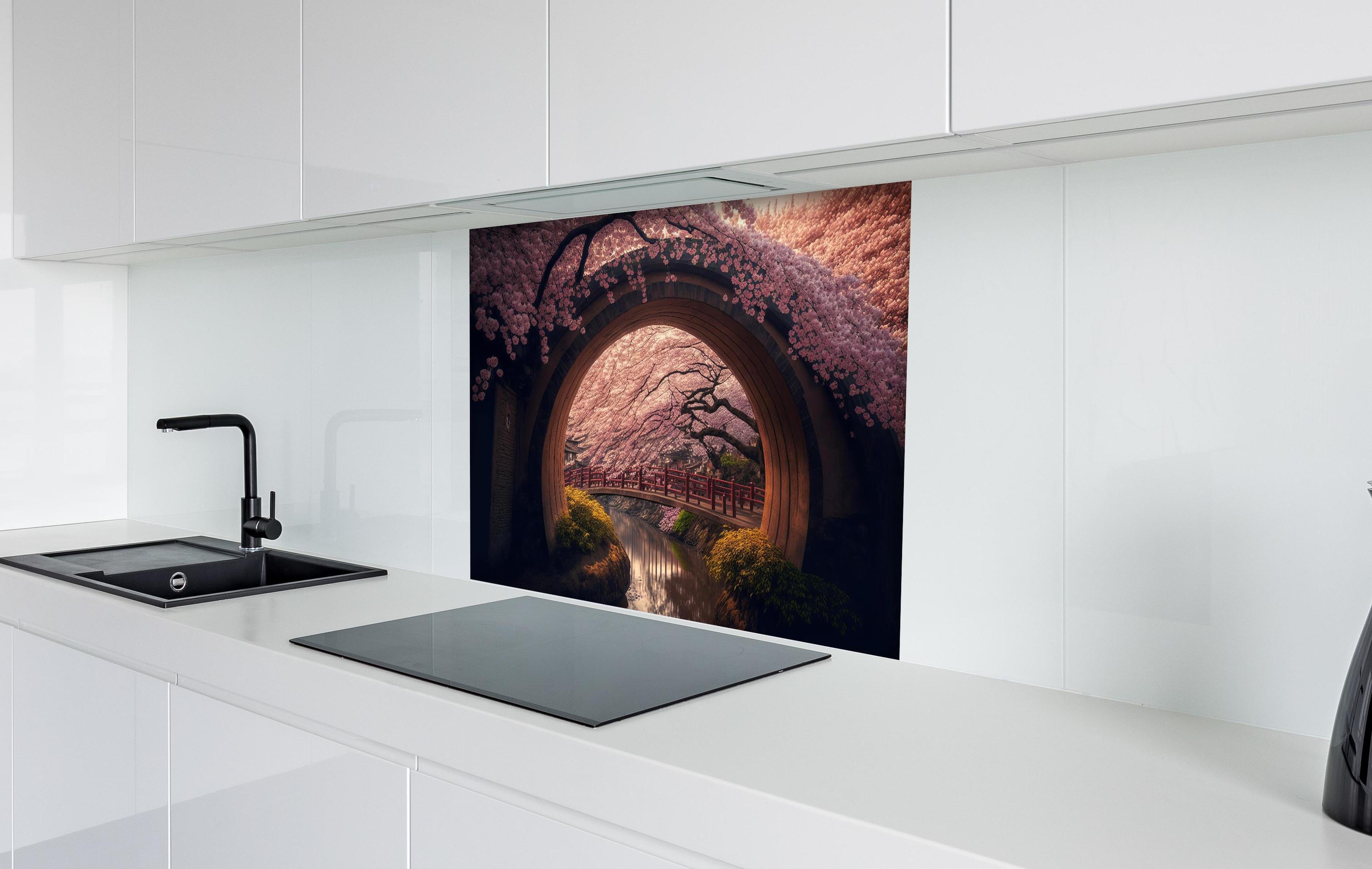 Spritzschutz - Asiatische Kirschblüte über Holzbrücke hinter einem Cerankochfeld zwischen Holz-Kochutensilien