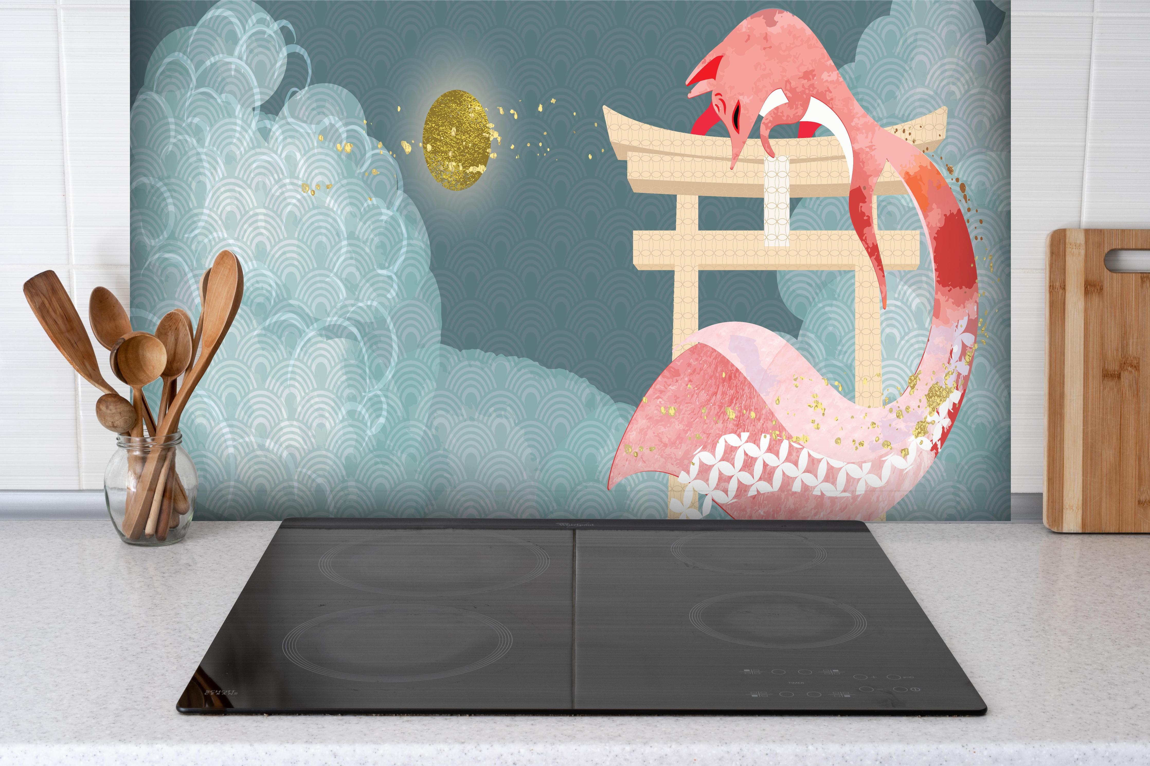 Spritzschutz - Asiatischer Drache, Mondnacht, kunstvolles Design hinter einem Cerankochfeld zwischen Holz-Kochutensilien