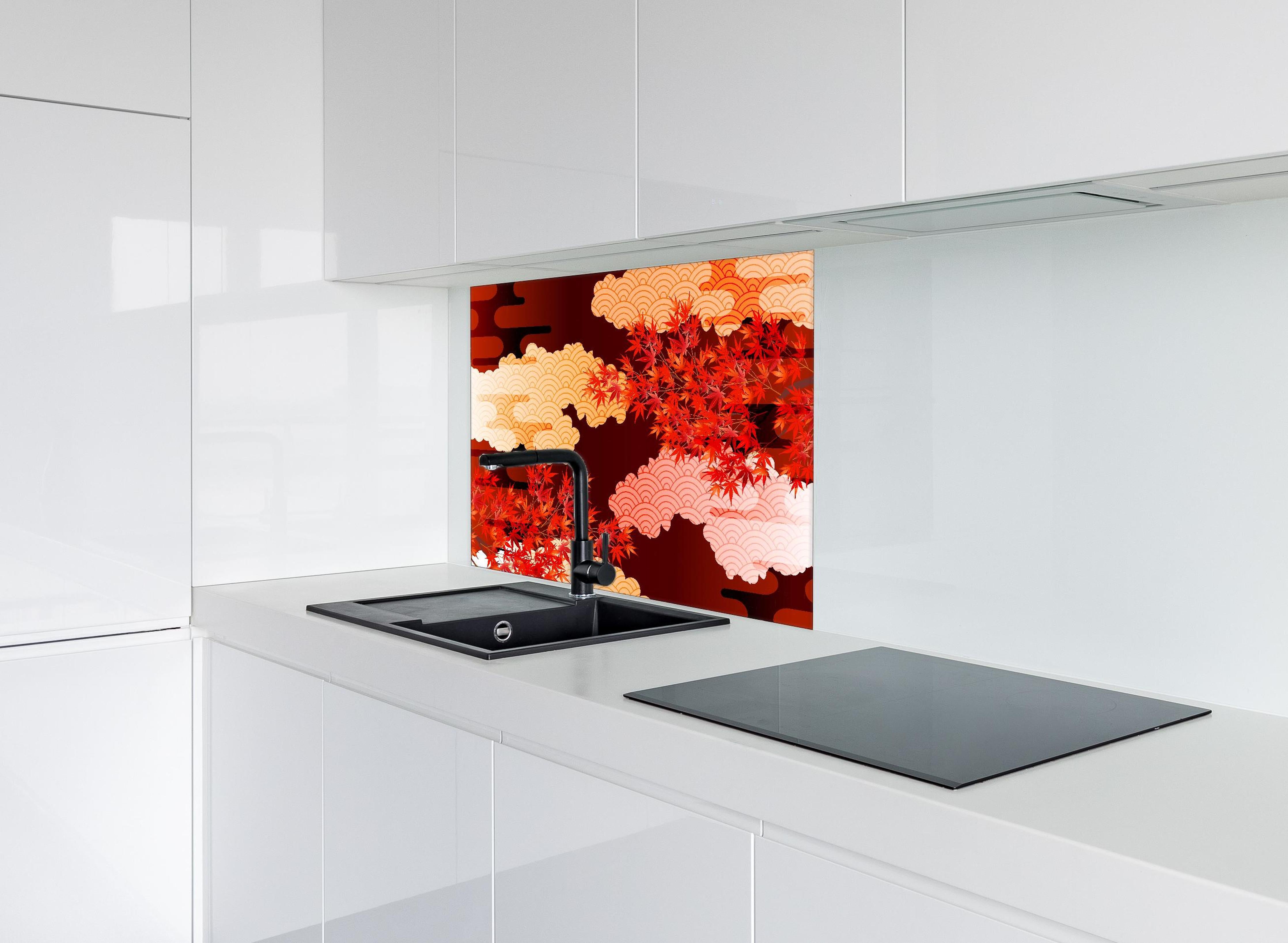 Spritzschutz - Ästhetische Herbstlaub- und Wolkenillustration hinter einem Cerankochfeld zwischen Holz-Kochutensilien