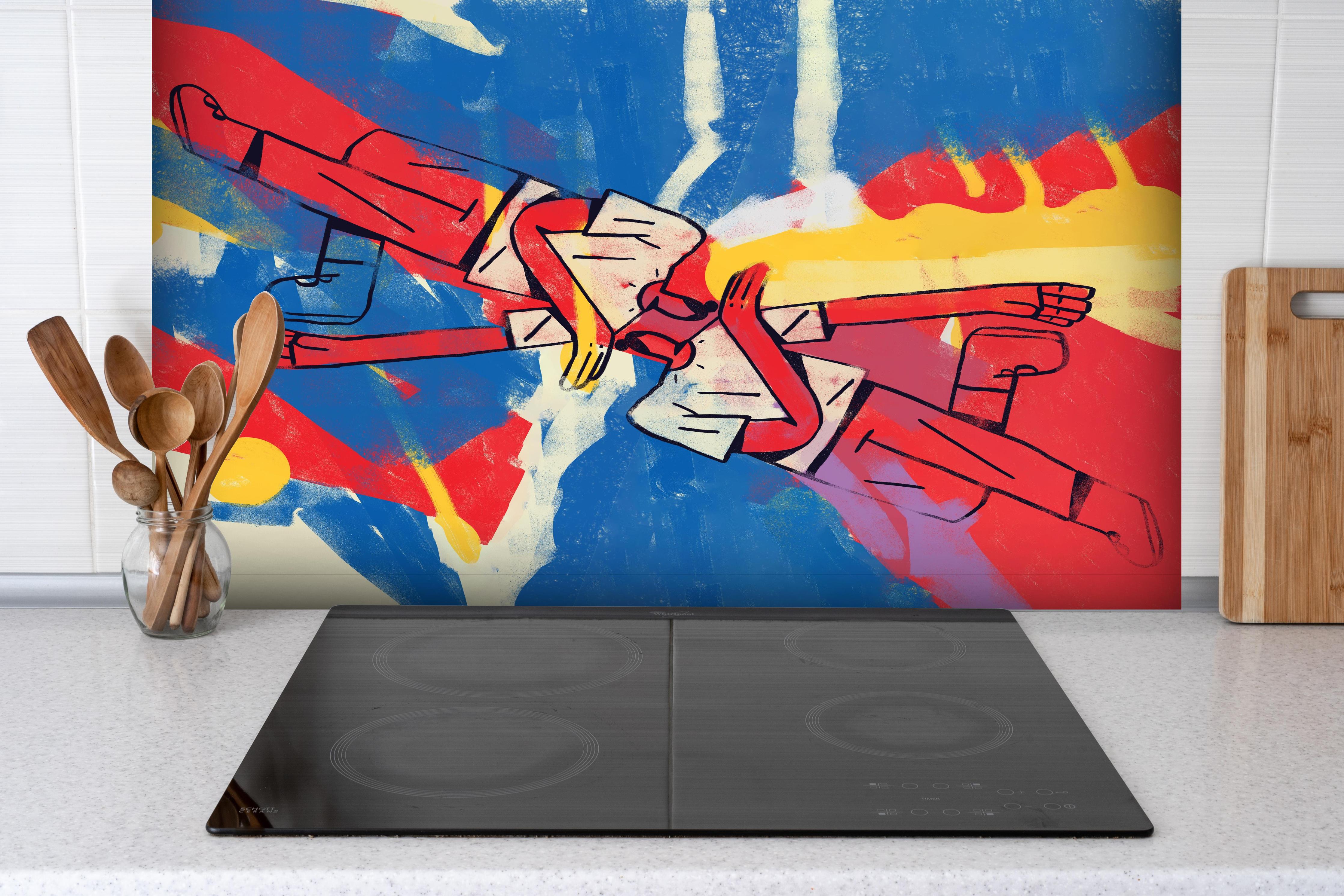 Spritzschutz - Ausgewogene Formen - Abstrakt hinter einem Cerankochfeld zwischen Holz-Kochutensilien