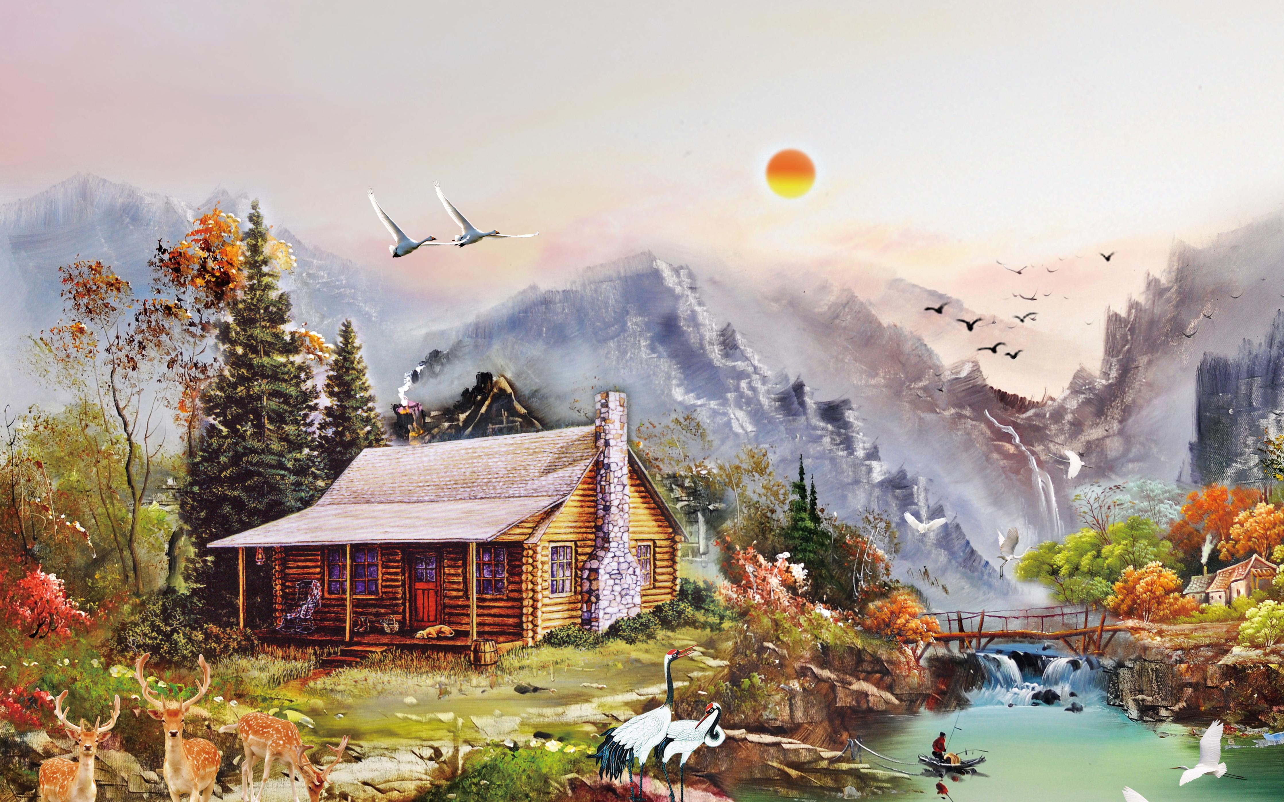 Spritzschutz-Aussicht auf eine einsame Hütte am Fluss