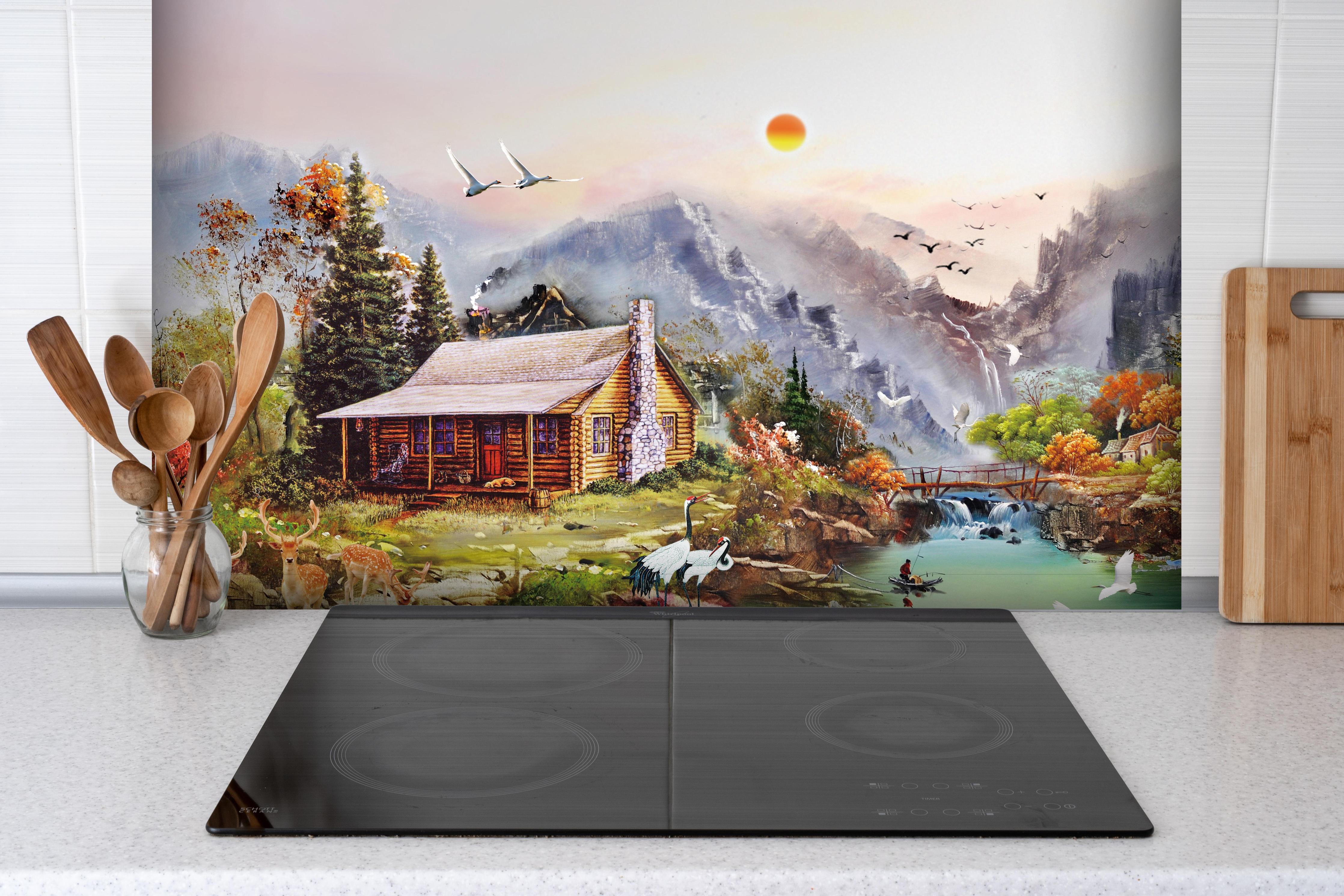 Spritzschutz - Aussicht auf eine einsame Hütte am Fluss hinter einem Cerankochfeld zwischen Holz-Kochutensilien