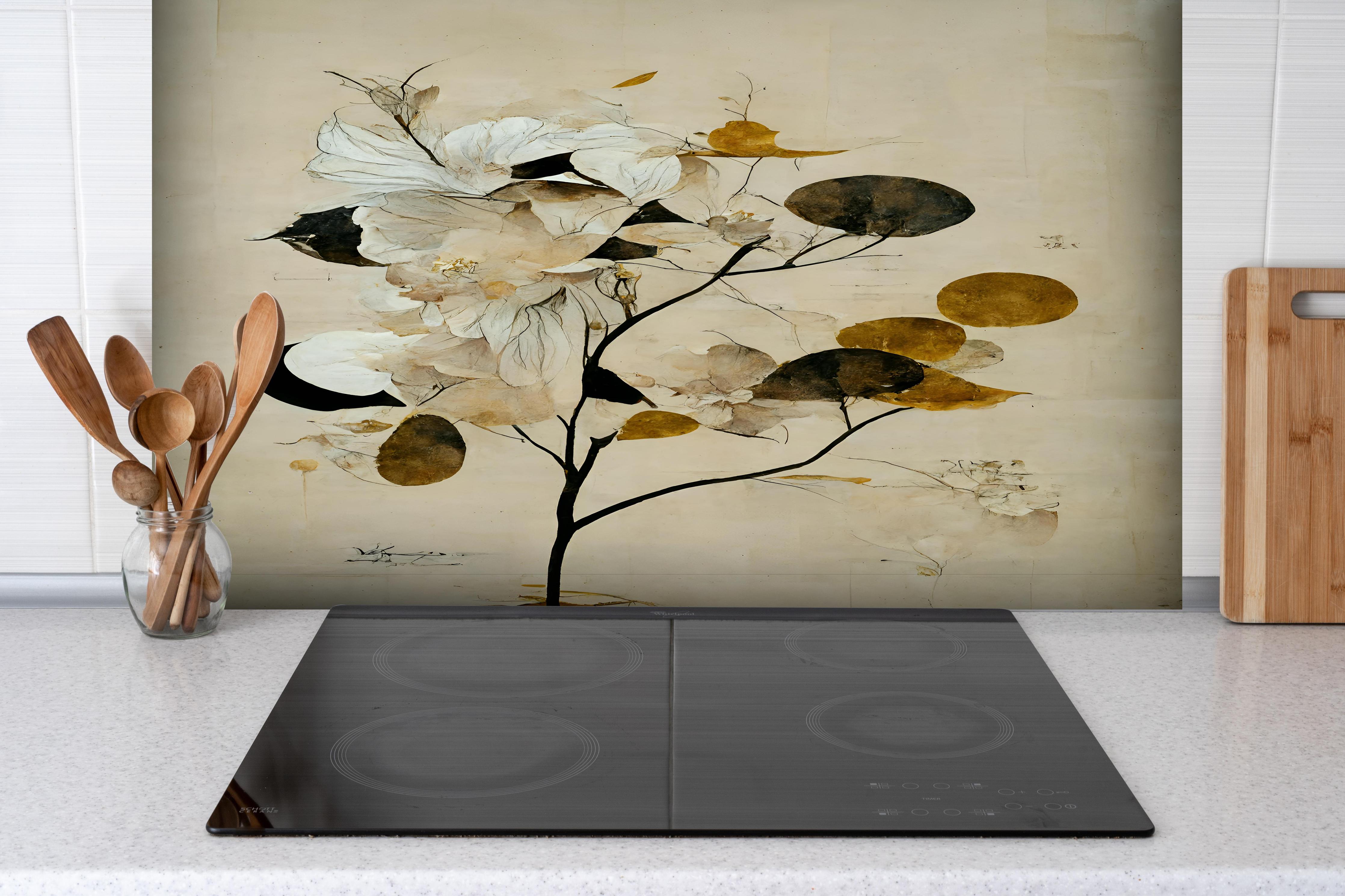 Spritzschutz - Baum des Glücks - Floral hinter einem Cerankochfeld zwischen Holz-Kochutensilien