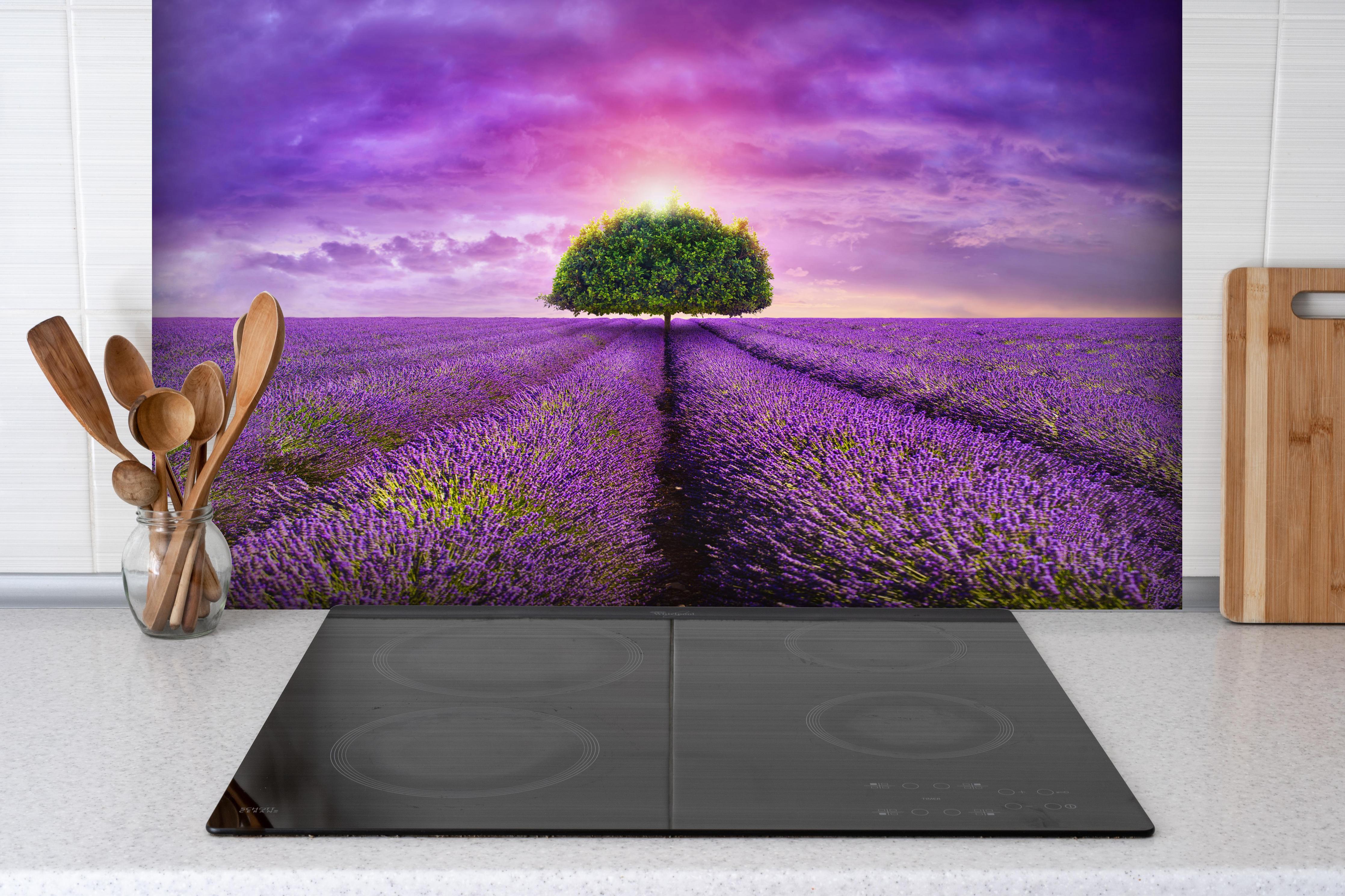 Spritzschutz - Baum im schönen lavendel Feld hinter einem Cerankochfeld zwischen Holz-Kochutensilien