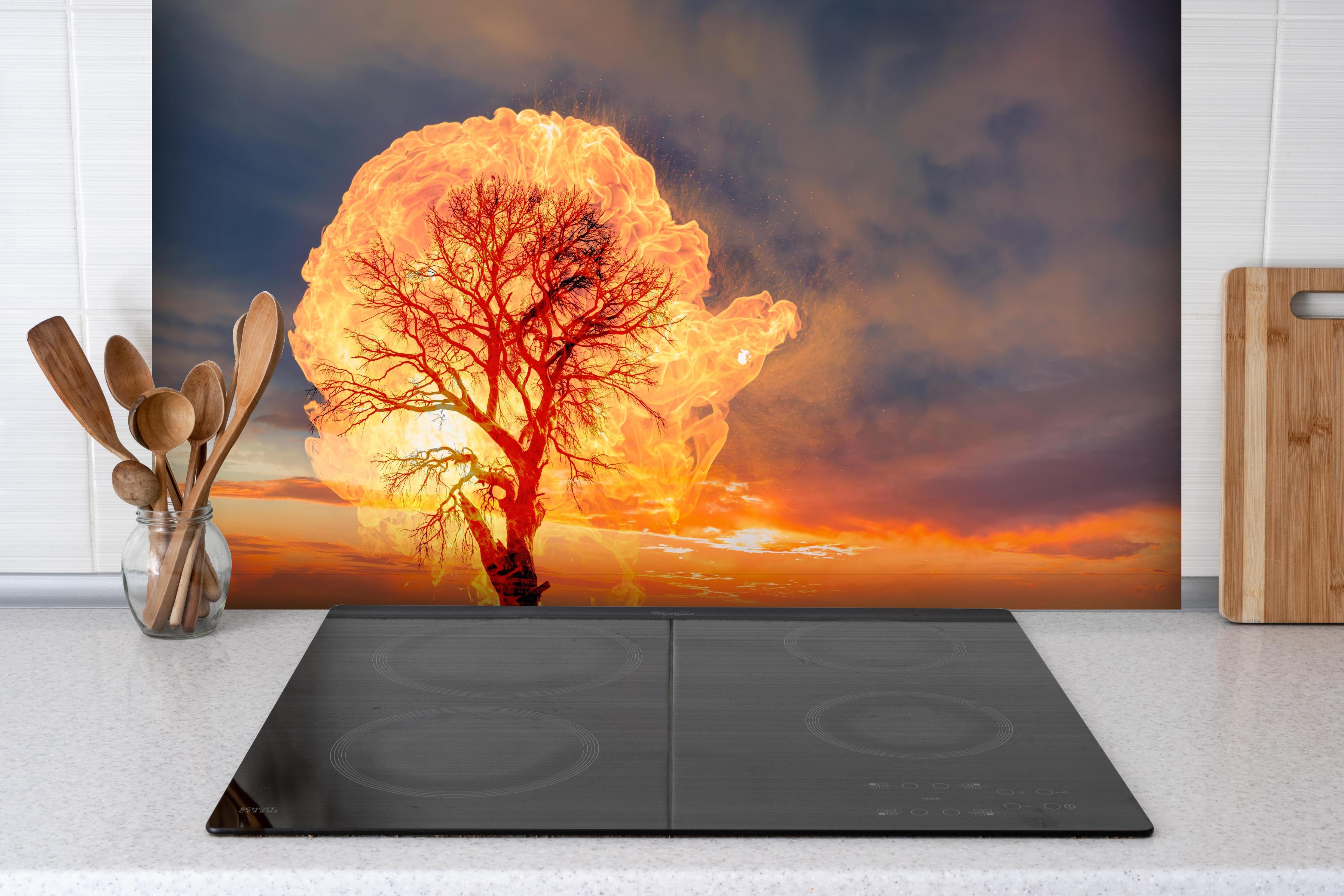 Spritzschutz - Baum in Flammen mit stürmischem Himmel hinter einem Cerankochfeld zwischen Holz-Kochutensilien