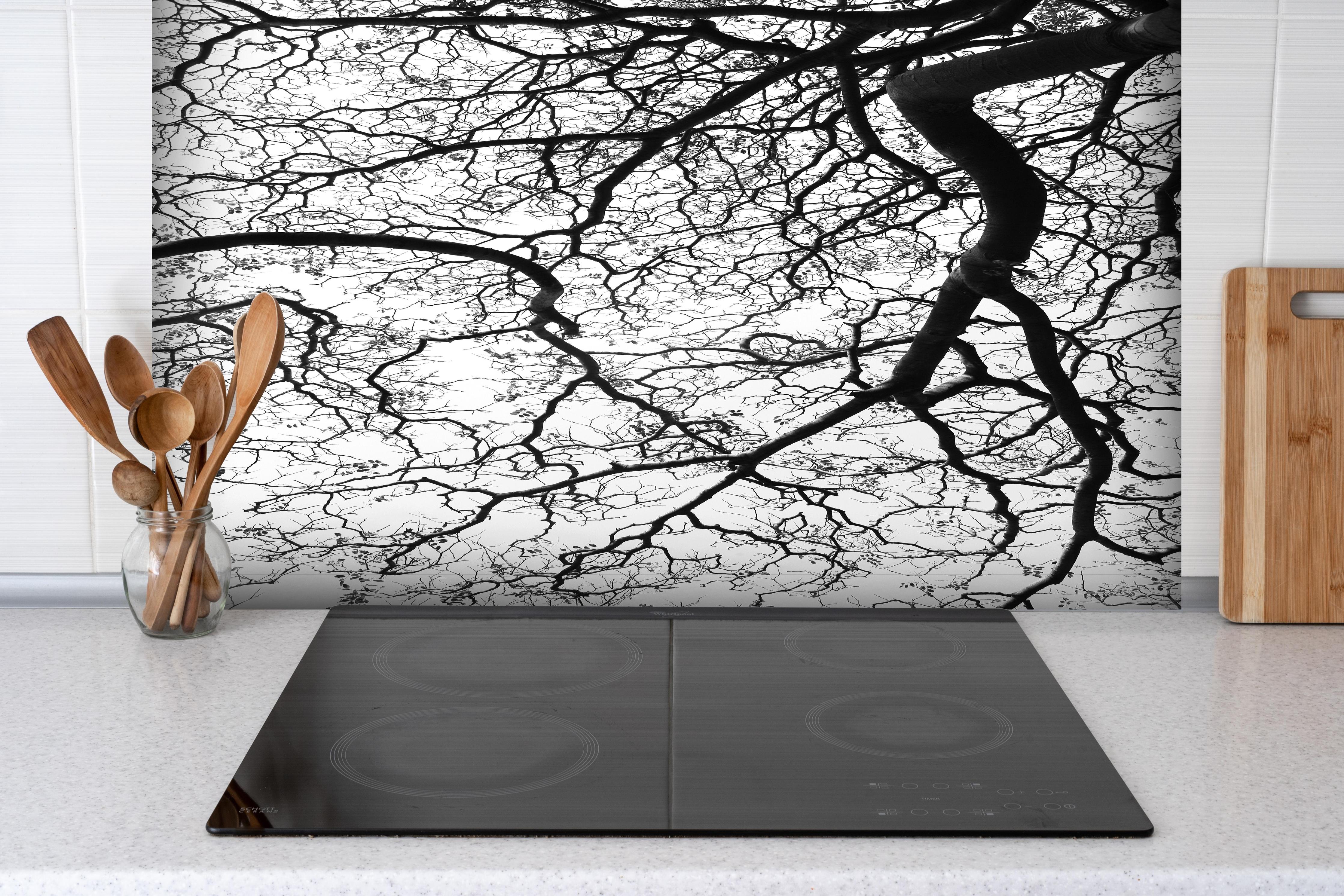 Spritzschutz - Baumkrone im Winterschlaf hinter einem Cerankochfeld zwischen Holz-Kochutensilien