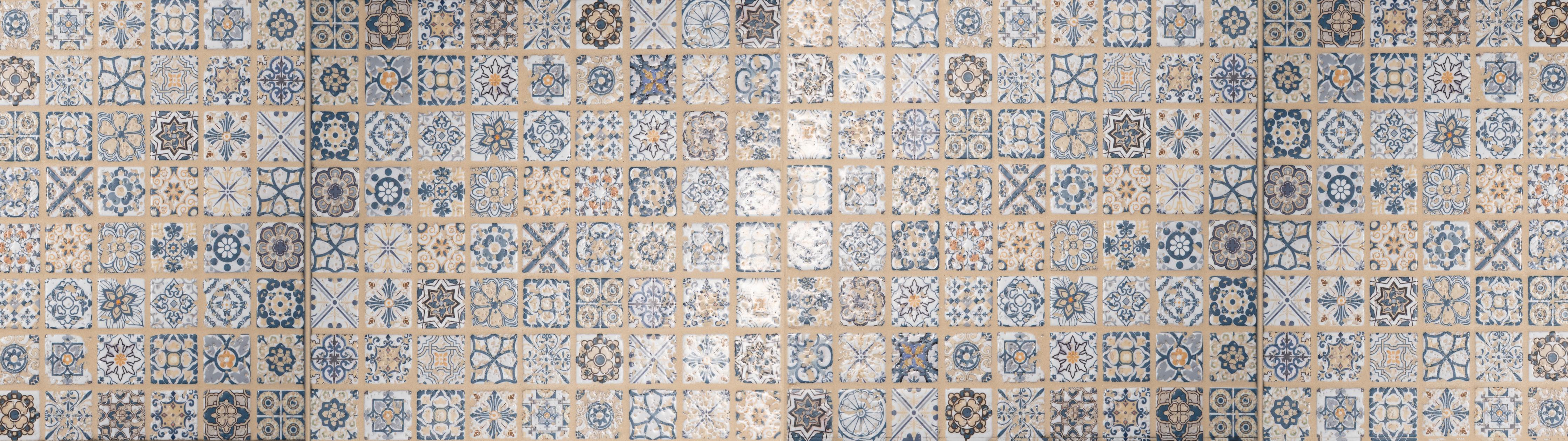 Spritzschutz-Beige-blau Vintage Mosaik