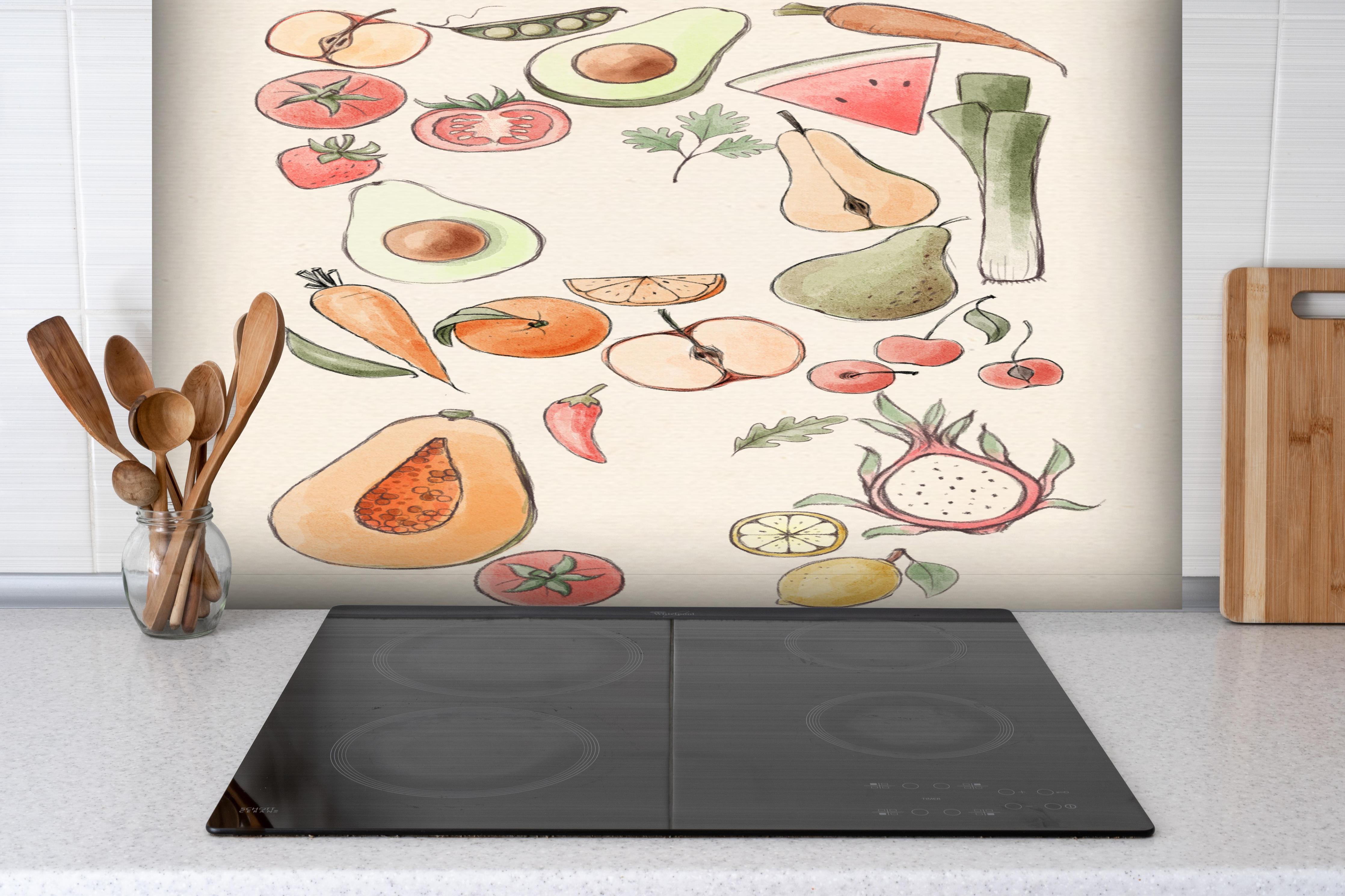 Spritzschutz - Belebendes Illustration-Design Tropischer Früchte hinter einem Cerankochfeld zwischen Holz-Kochutensilien