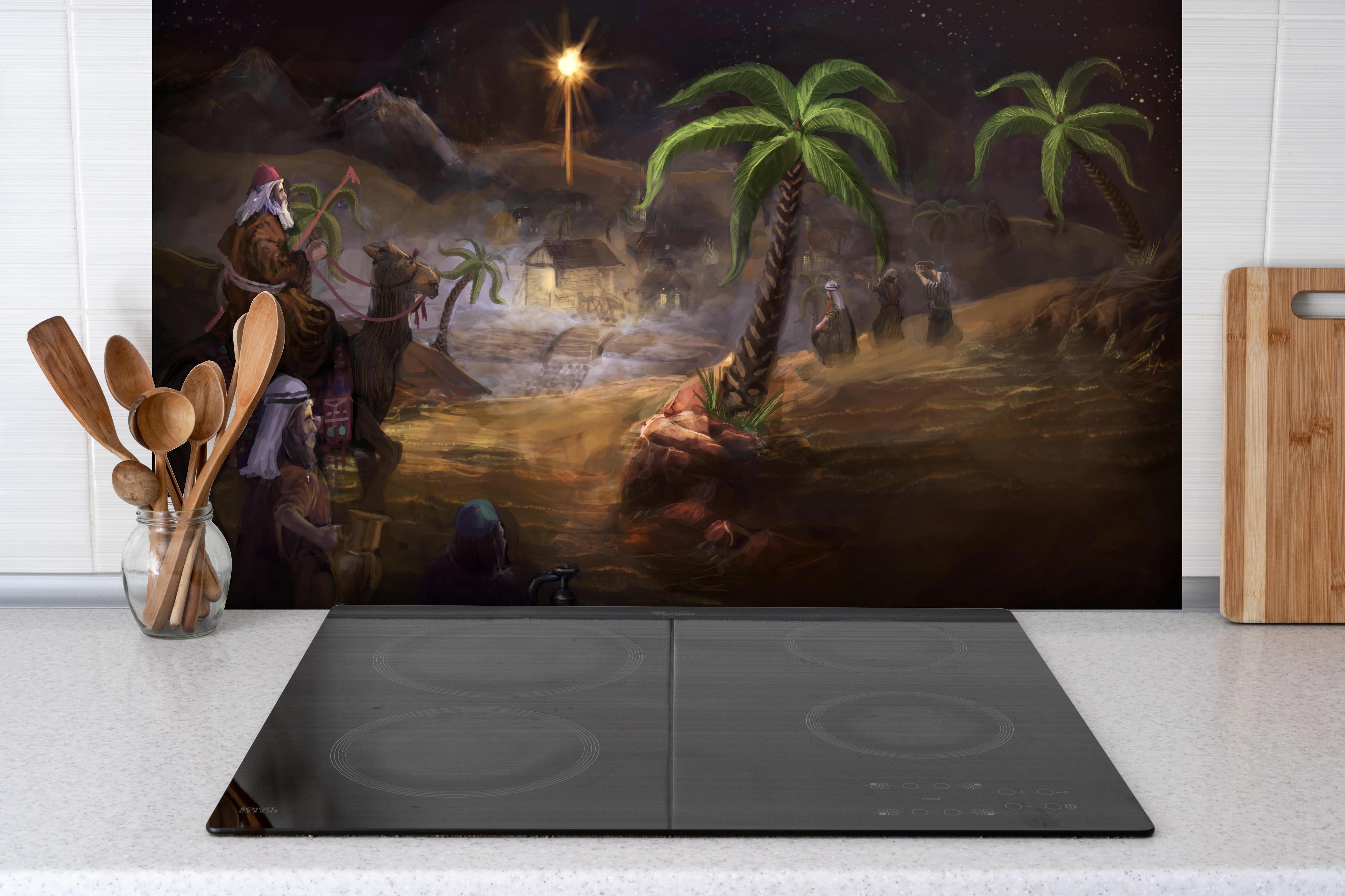 Spritzschutz - Biblisches Gemälde hinter einem Cerankochfeld zwischen Holz-Kochutensilien