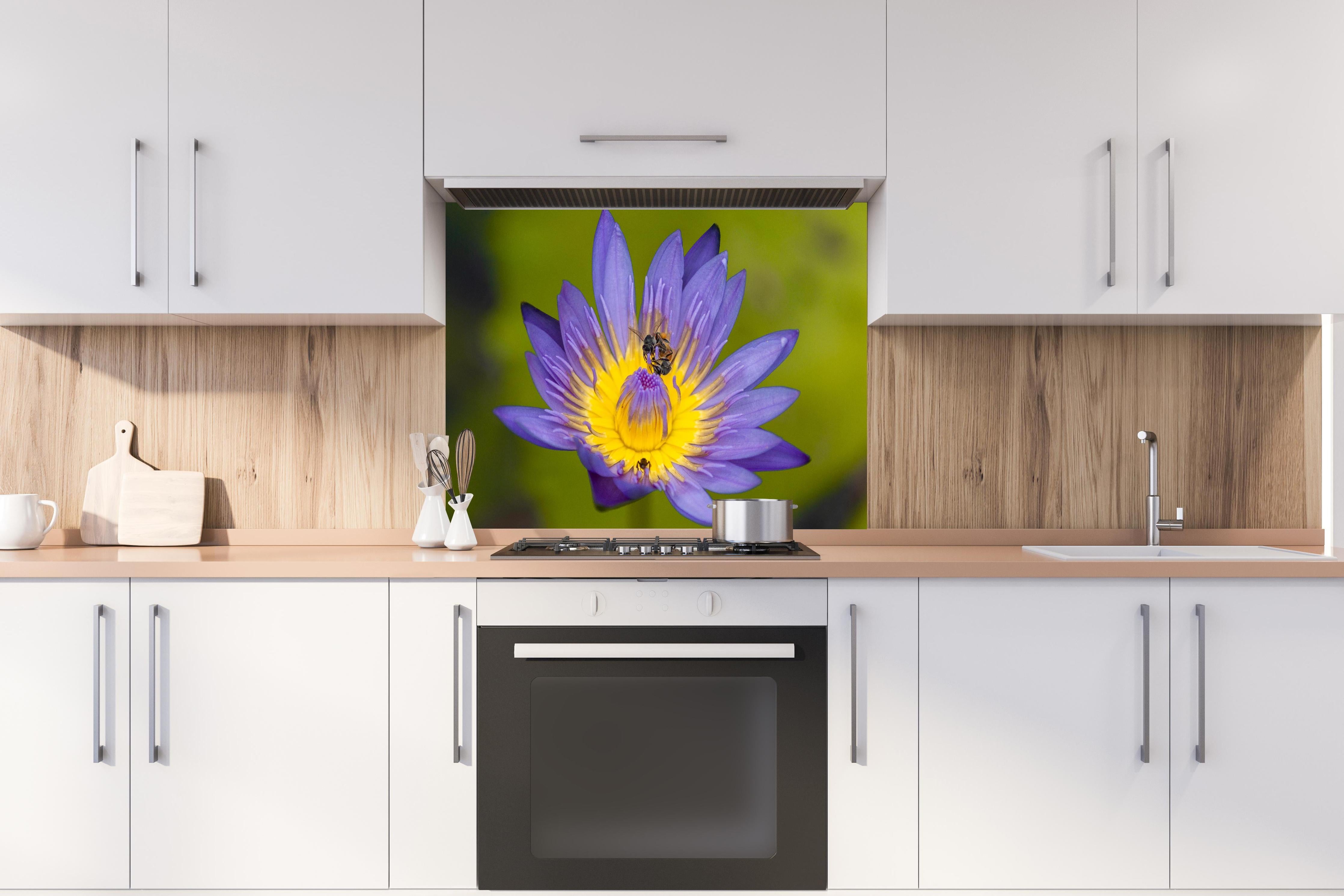 Spritzschutz - Biene sammelt Nektar hinter einem Cerankochfeld zwischen Holz-Kochutensilien