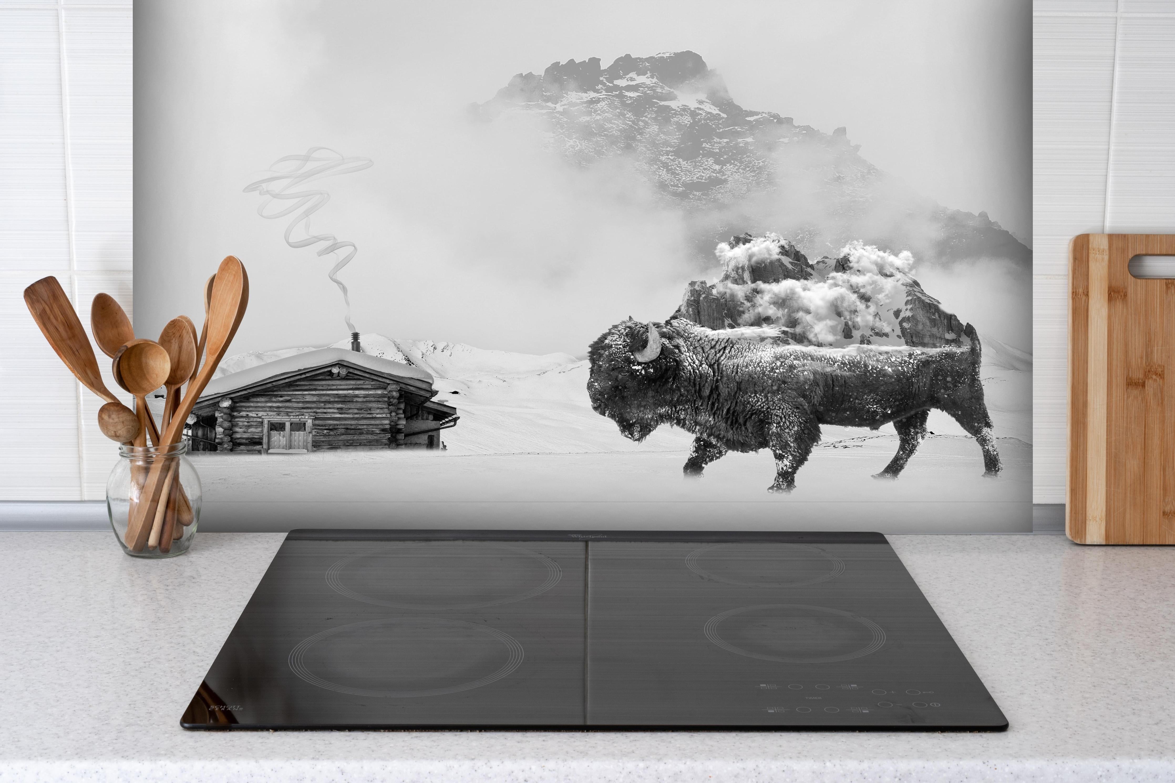 Spritzschutz - Bison vor Winterlandschaft in Monochrom hinter einem Cerankochfeld zwischen Holz-Kochutensilien