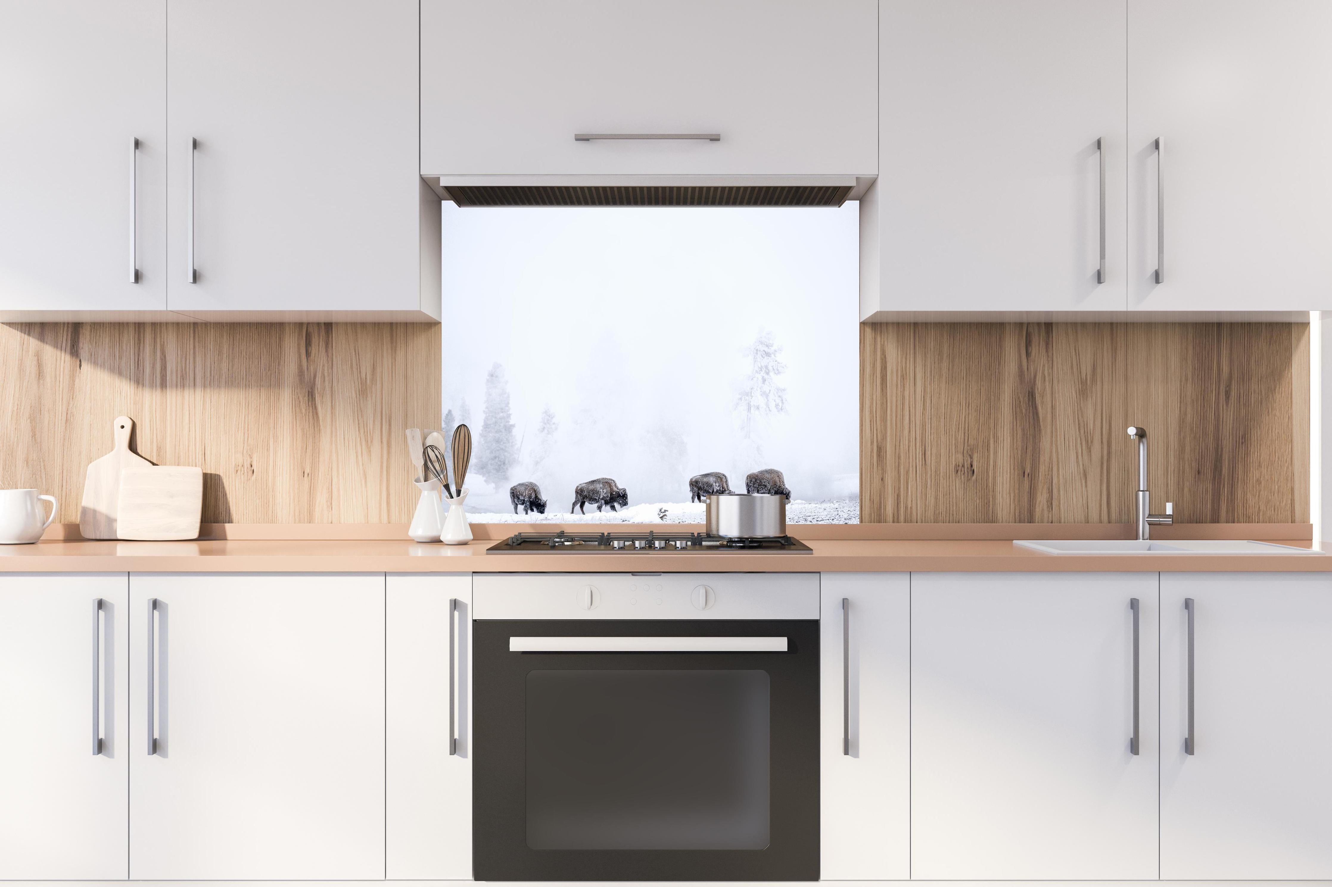 Spritzschutz - Bisons im kalten Wald hinter einem Cerankochfeld zwischen Holz-Kochutensilien