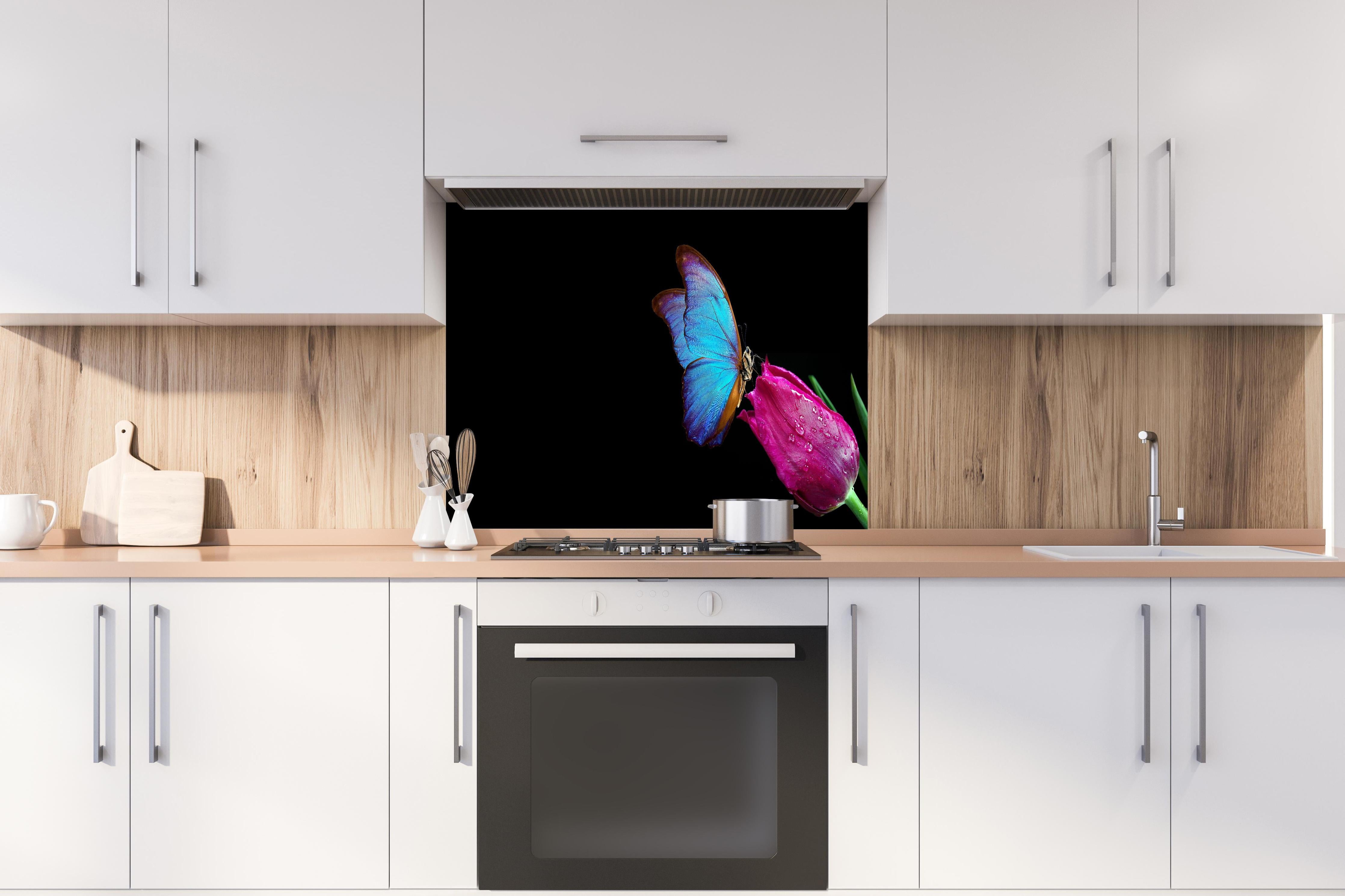 Spritzschutz - Blauer Morphofalter - schwarzer Hintergrund hinter einem Cerankochfeld zwischen Holz-Kochutensilien