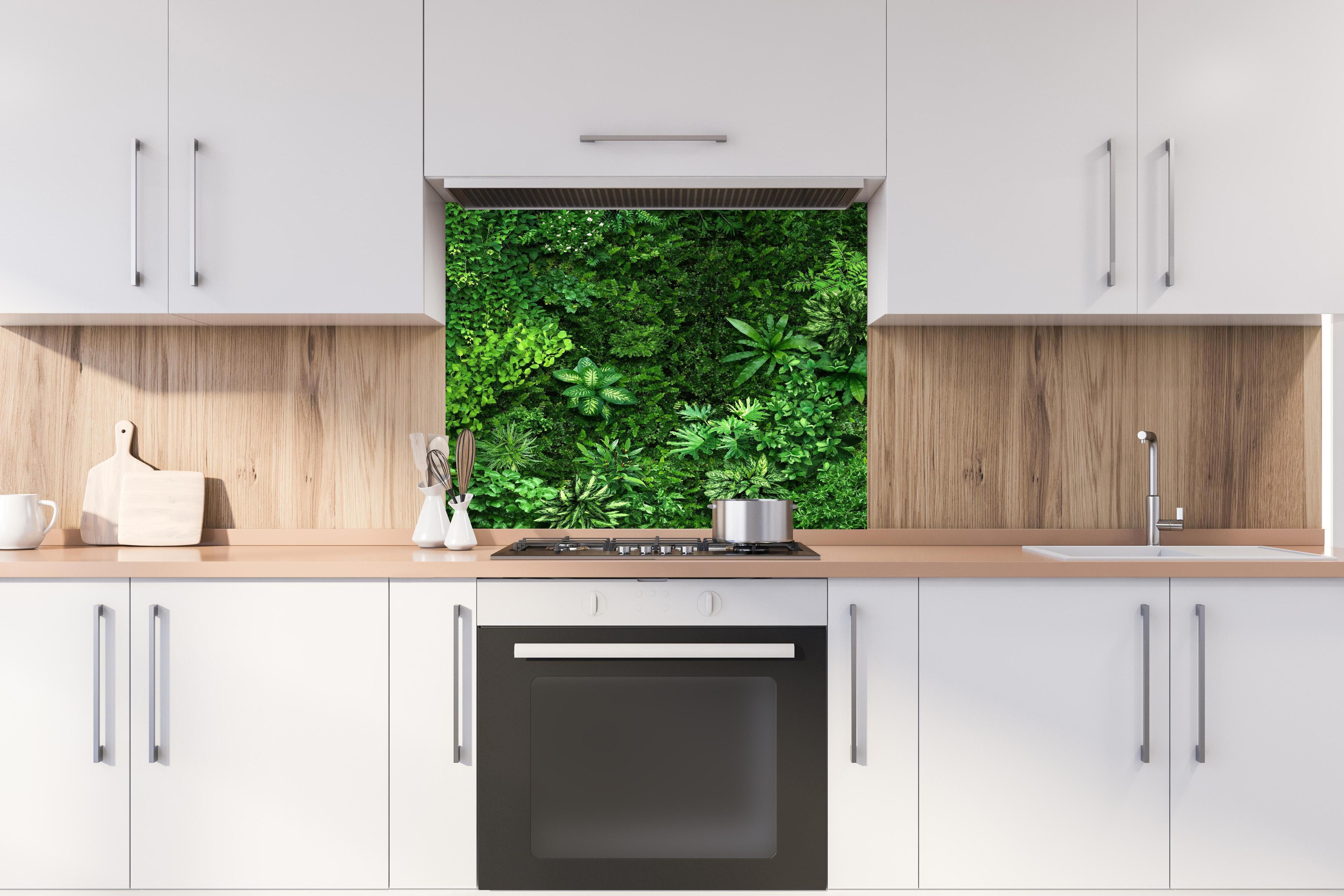 Spritzschutz - Blick auf organischen Wald hinter einem Cerankochfeld zwischen Holz-Kochutensilien