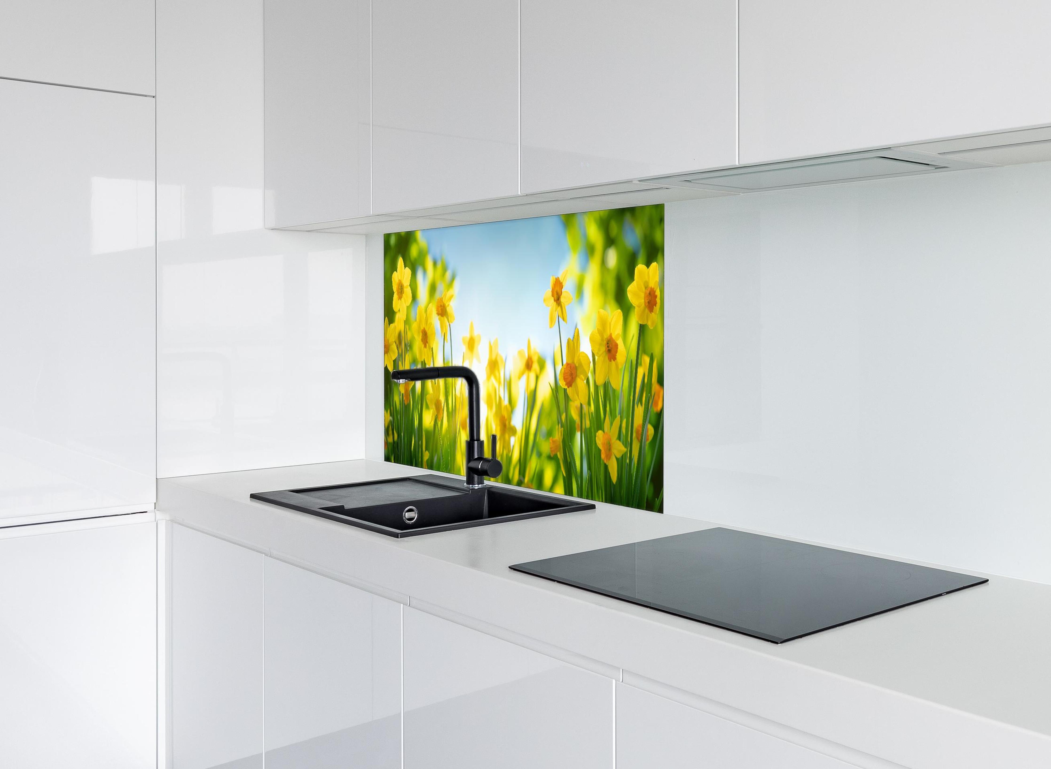 Spritzschutz - Blühende Frühlings-Narzissen hinter einem Cerankochfeld zwischen Holz-Kochutensilien