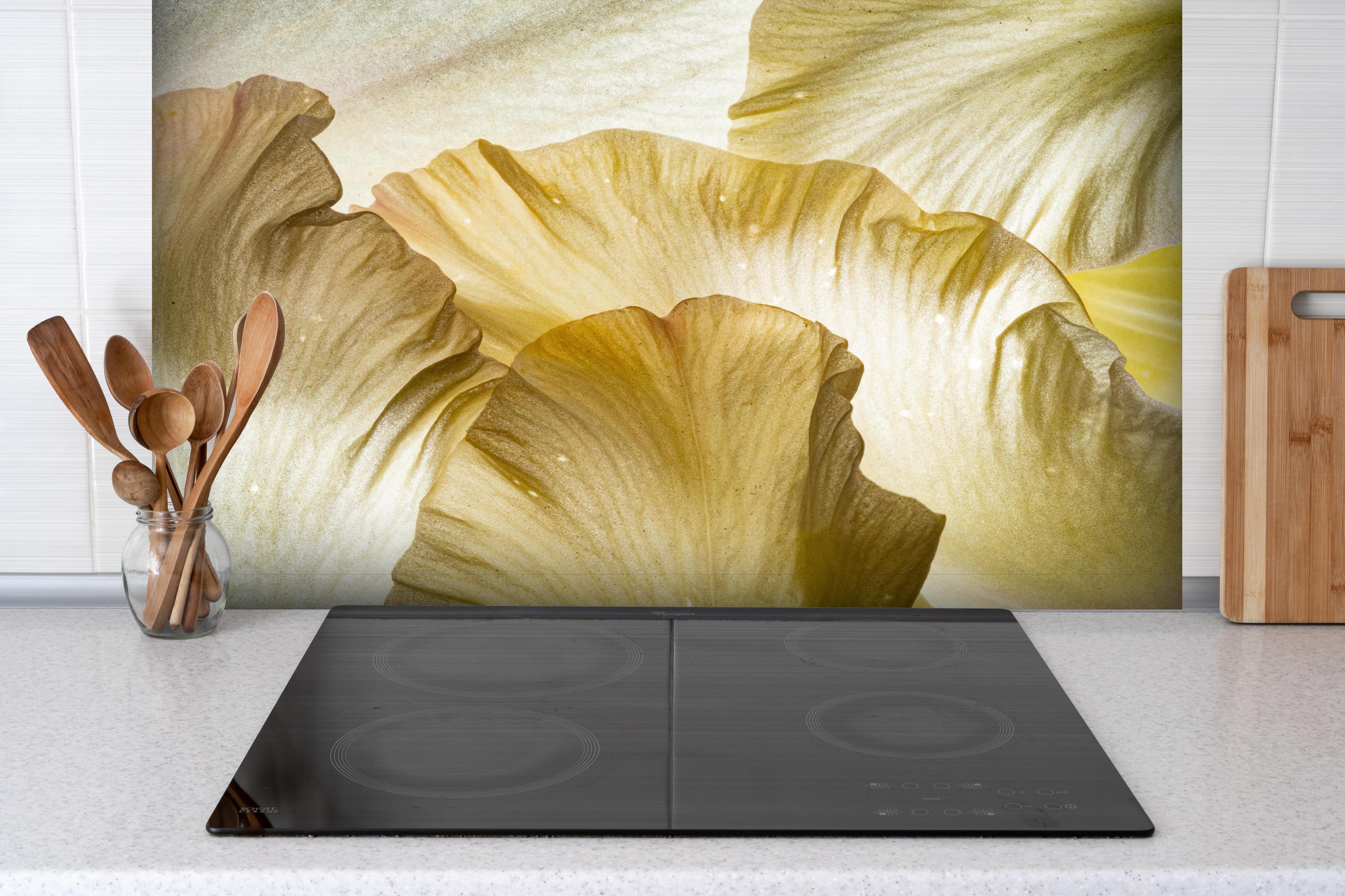 Spritzschutz - Blütenblatt Textur Nahaufnahme hinter einem Cerankochfeld zwischen Holz-Kochutensilien