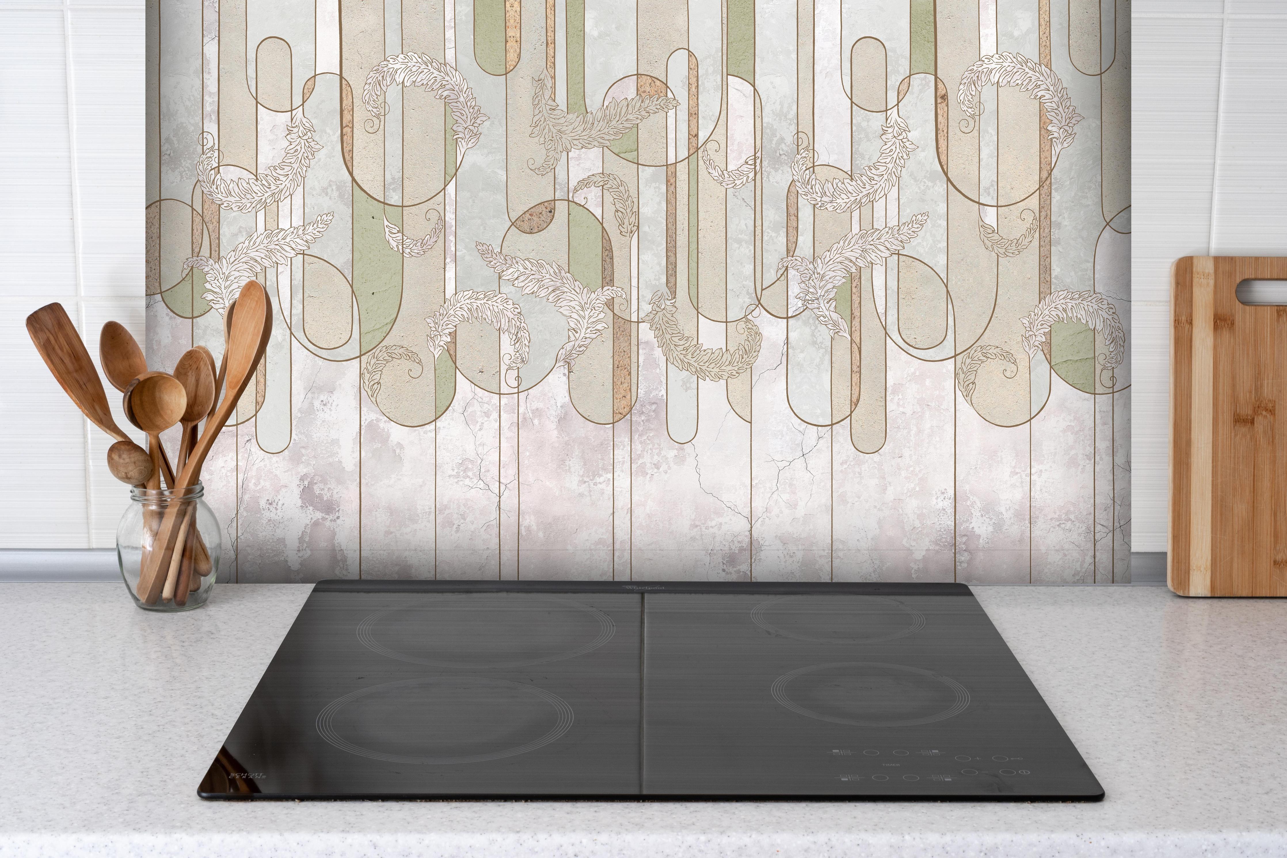 Spritzschutz - Blumiges Loft Design hinter einem Cerankochfeld zwischen Holz-Kochutensilien