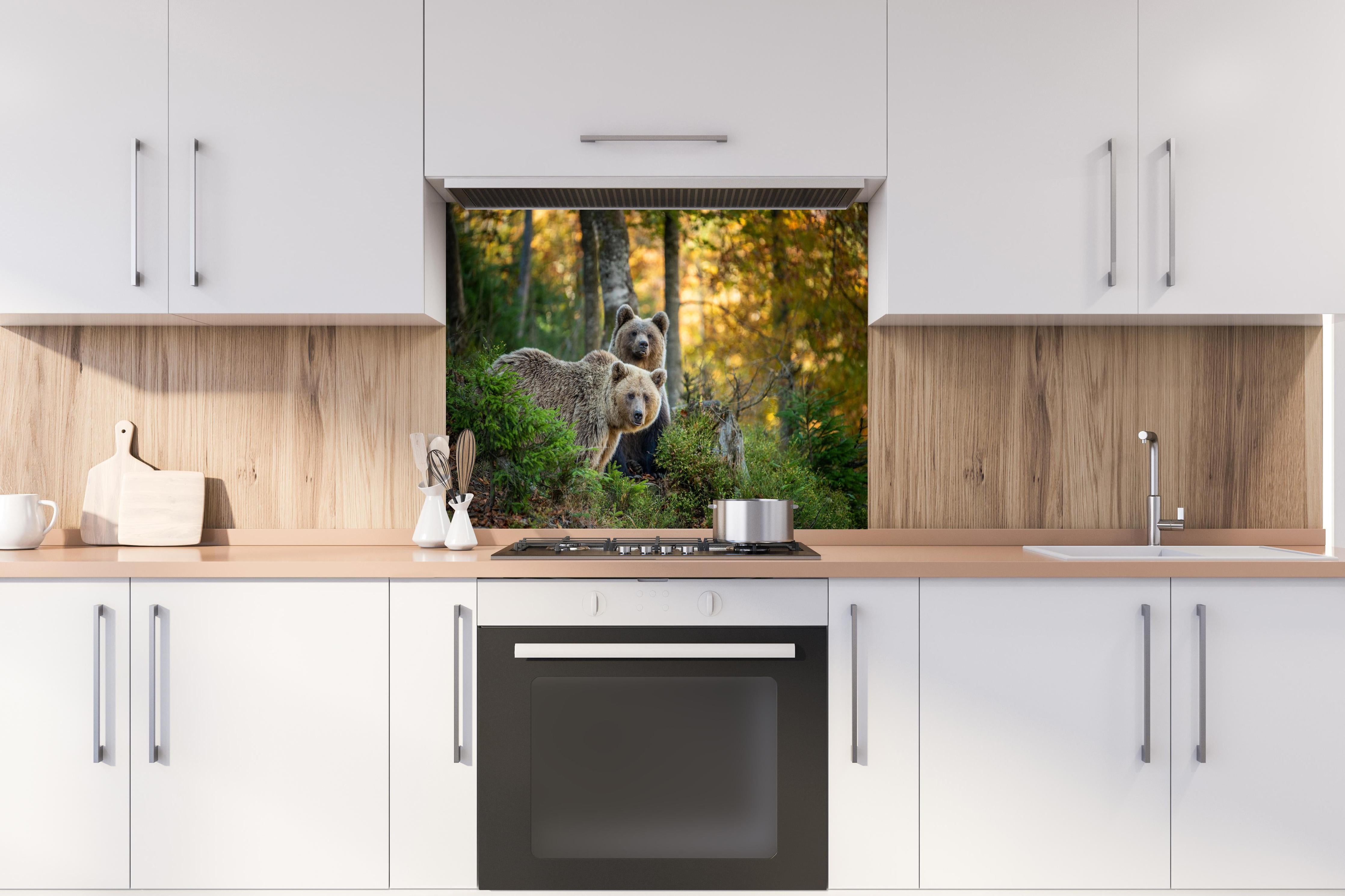 Spritzschutz - Braunbär Familie Herbstlaub Waldbild hinter einem Cerankochfeld zwischen Holz-Kochutensilien