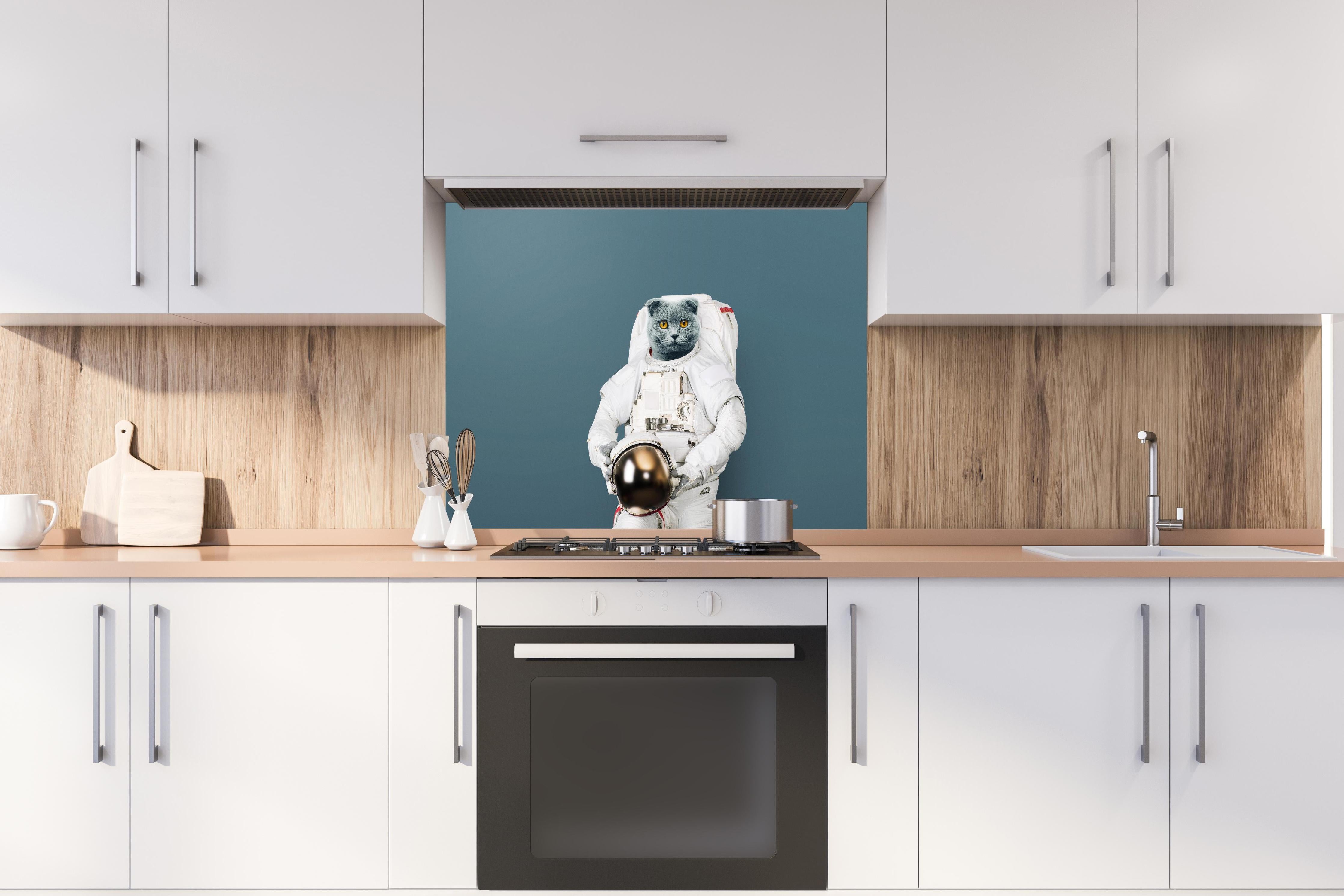 Spritzschutz - Britischer Katzen-Astronaut mit Helm hinter einem Cerankochfeld zwischen Holz-Kochutensilien
