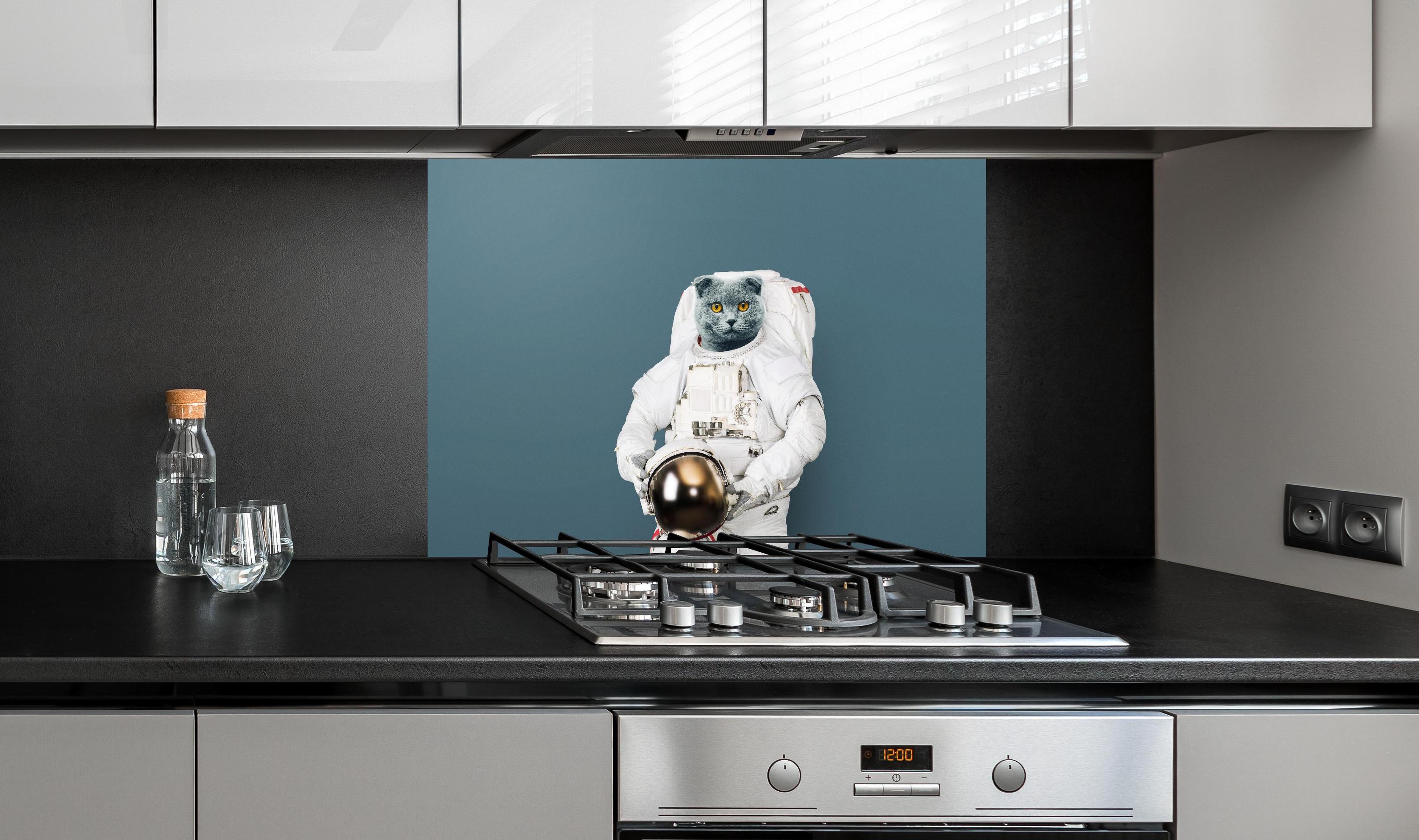 Spritzschutz - Britischer Katzen-Astronaut mit Helm hinter einem Cerankochfeld zwischen Holz-Kochutensilien