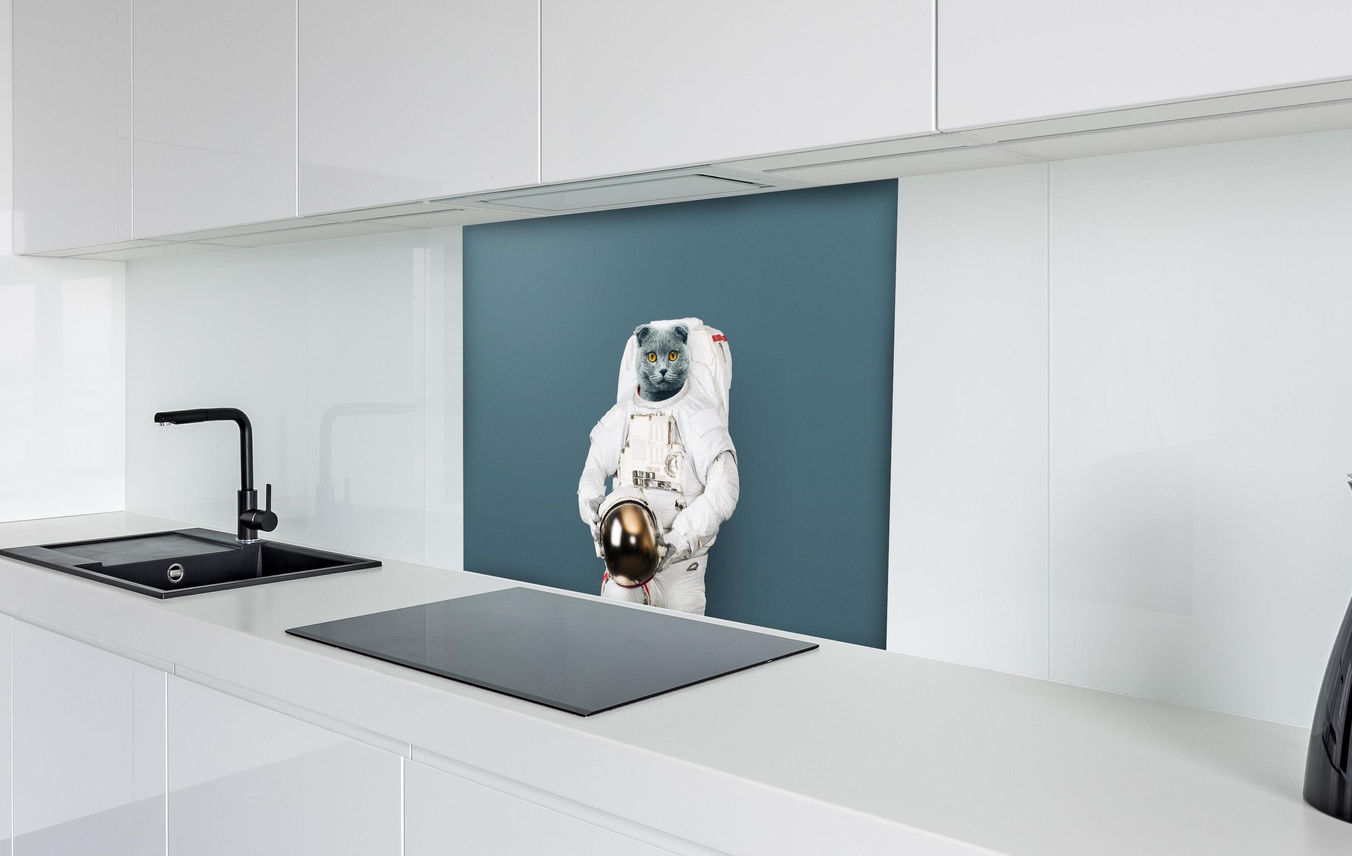 Spritzschutz - Britischer Katzen-Astronaut mit Helm hinter einem Cerankochfeld zwischen Holz-Kochutensilien