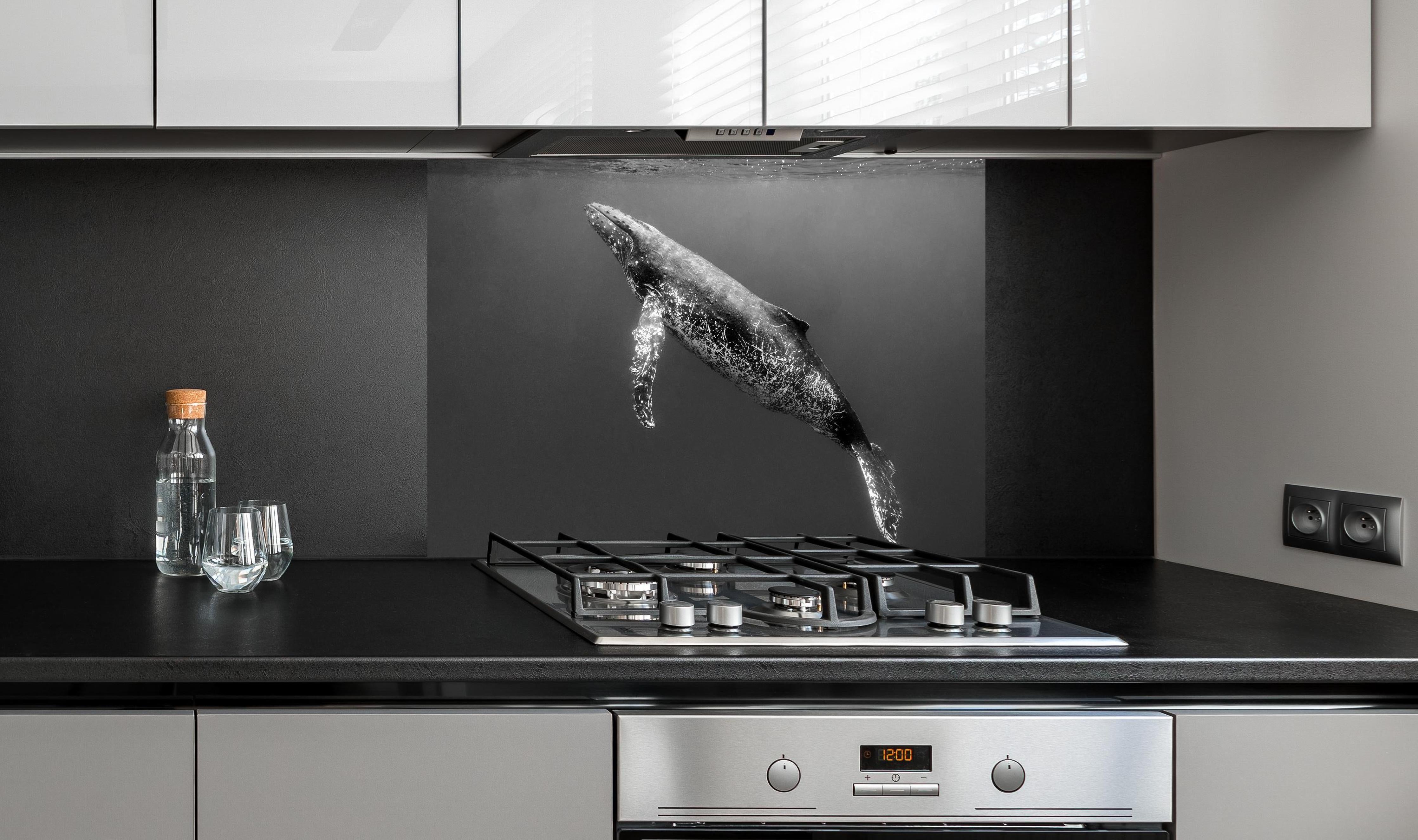 Spritzschutz - Buckelwal hinter einem Cerankochfeld zwischen Holz-Kochutensilien