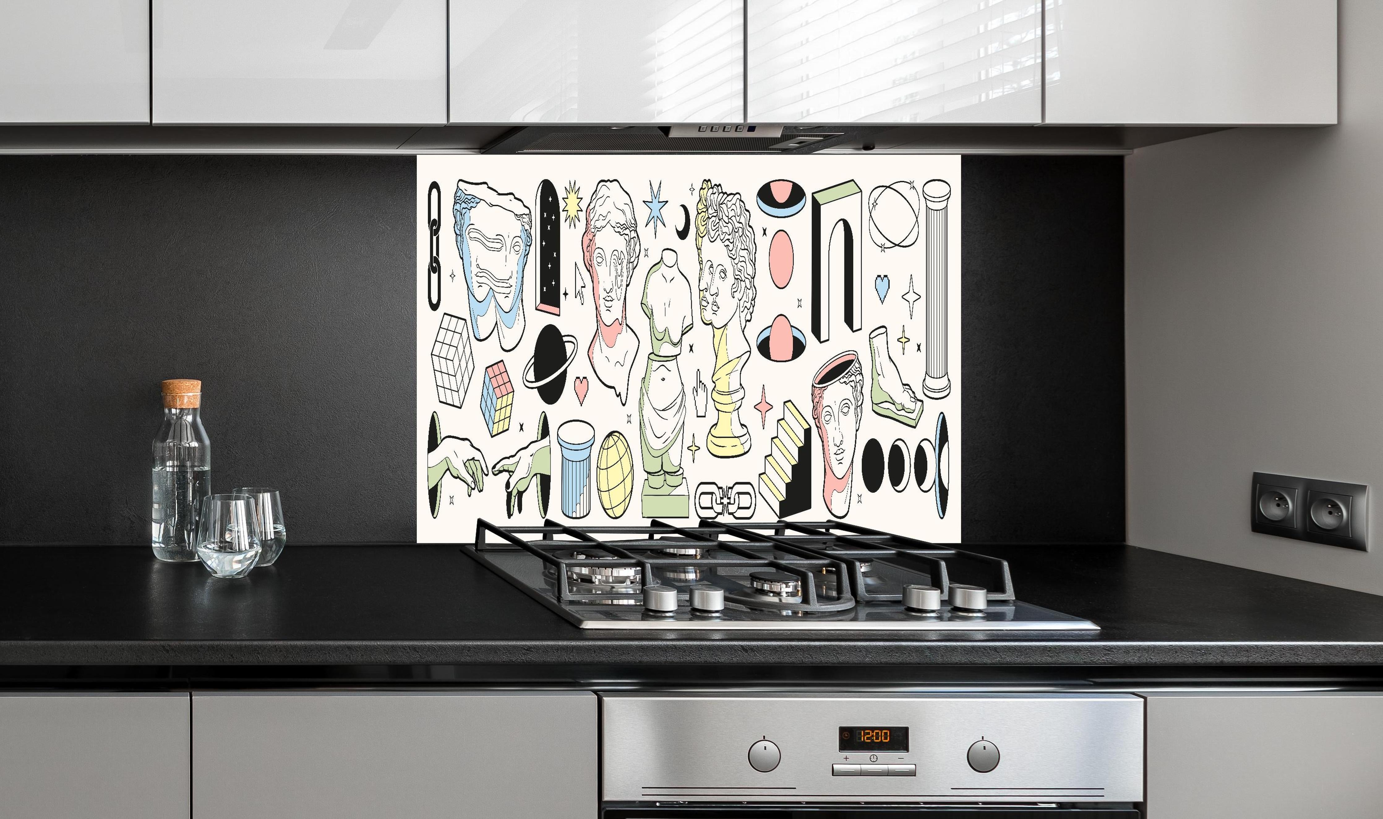 Spritzschutz - Bunte Antike Kunstobjekte Illustrationen hinter einem Cerankochfeld zwischen Holz-Kochutensilien
