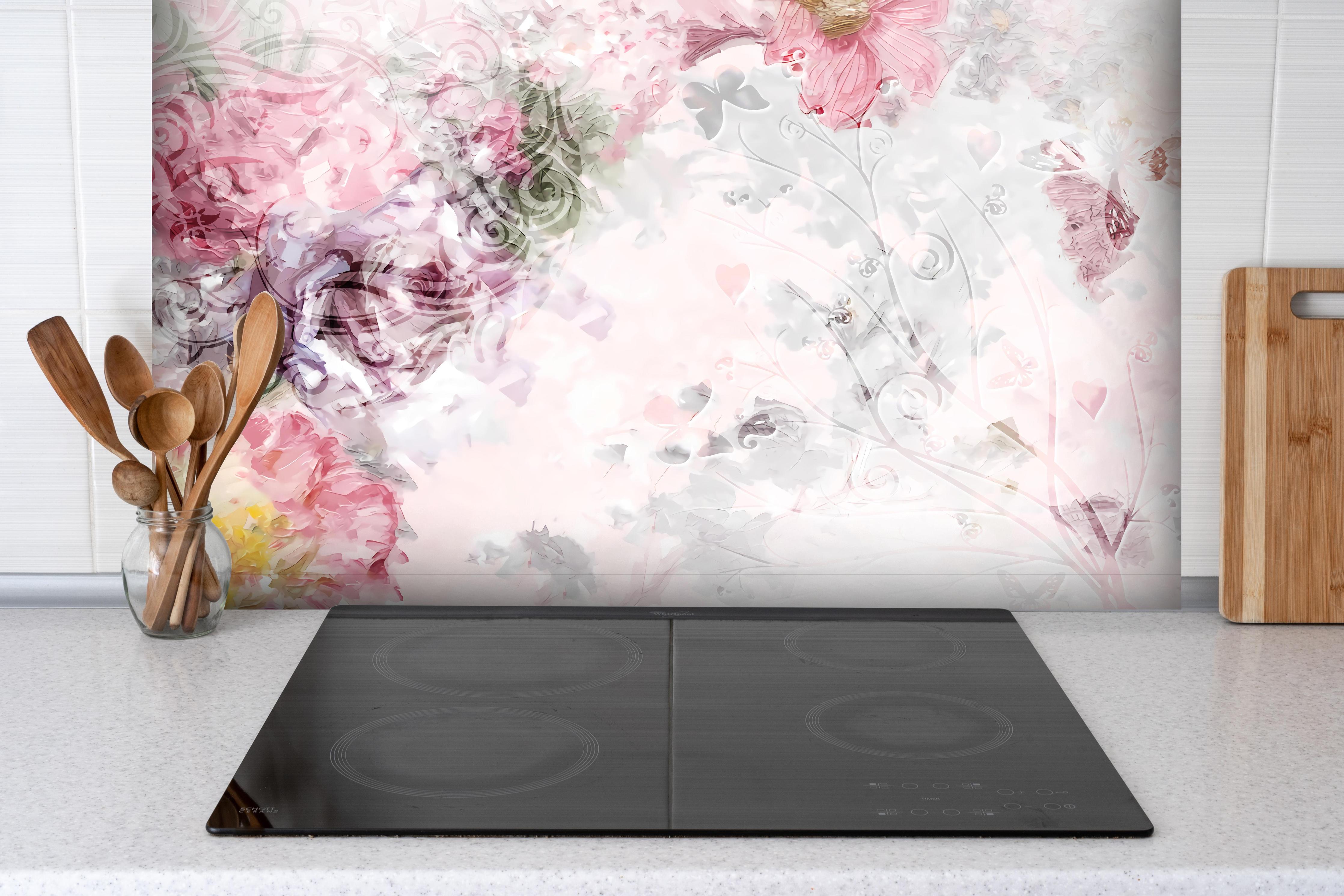 Spritzschutz - Bunte Blumen - Pastell Farben hinter einem Cerankochfeld zwischen Holz-Kochutensilien