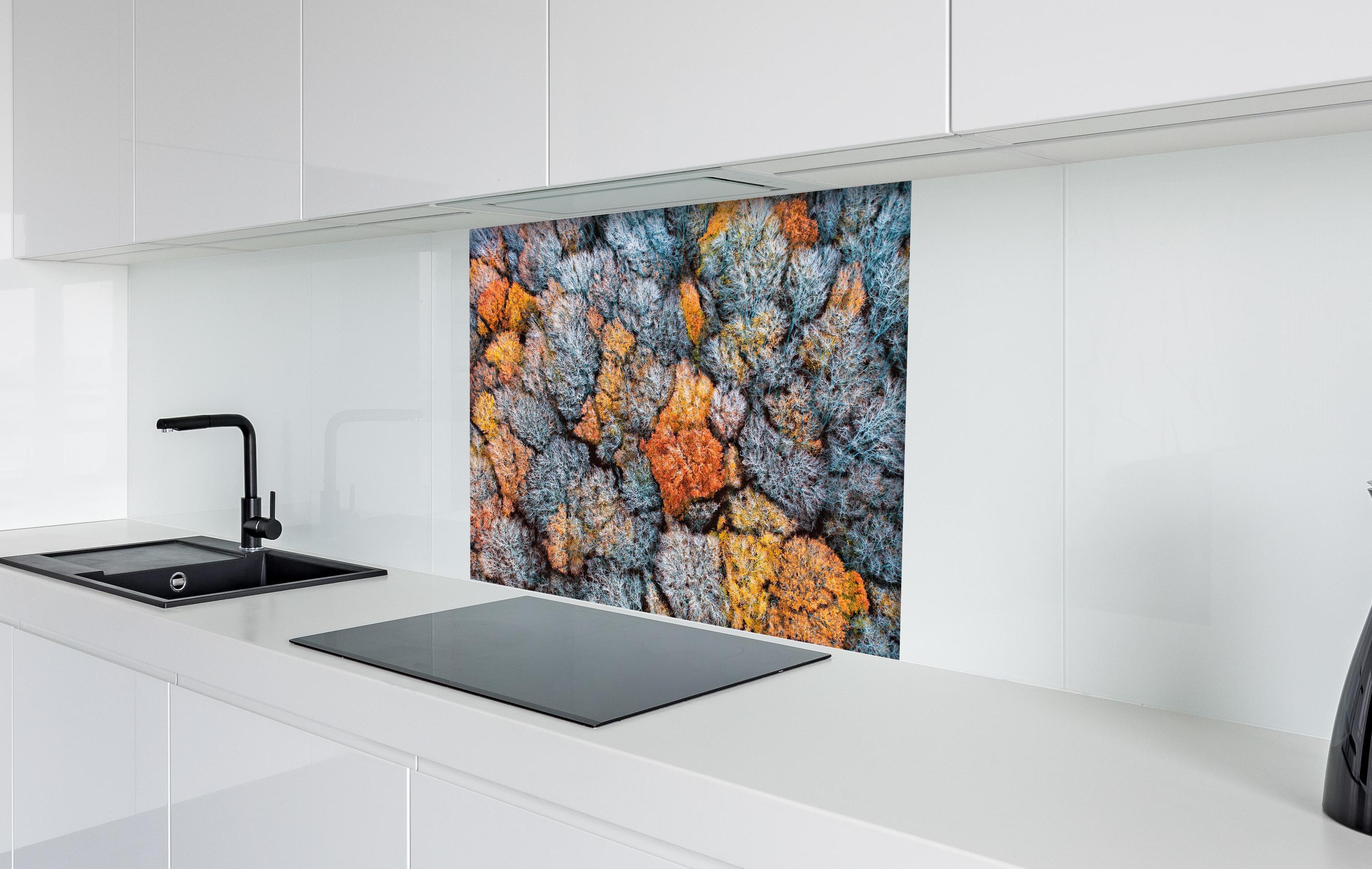 Spritzschutz - Bunte Herbstbeechen von oben hinter einem Cerankochfeld zwischen Holz-Kochutensilien