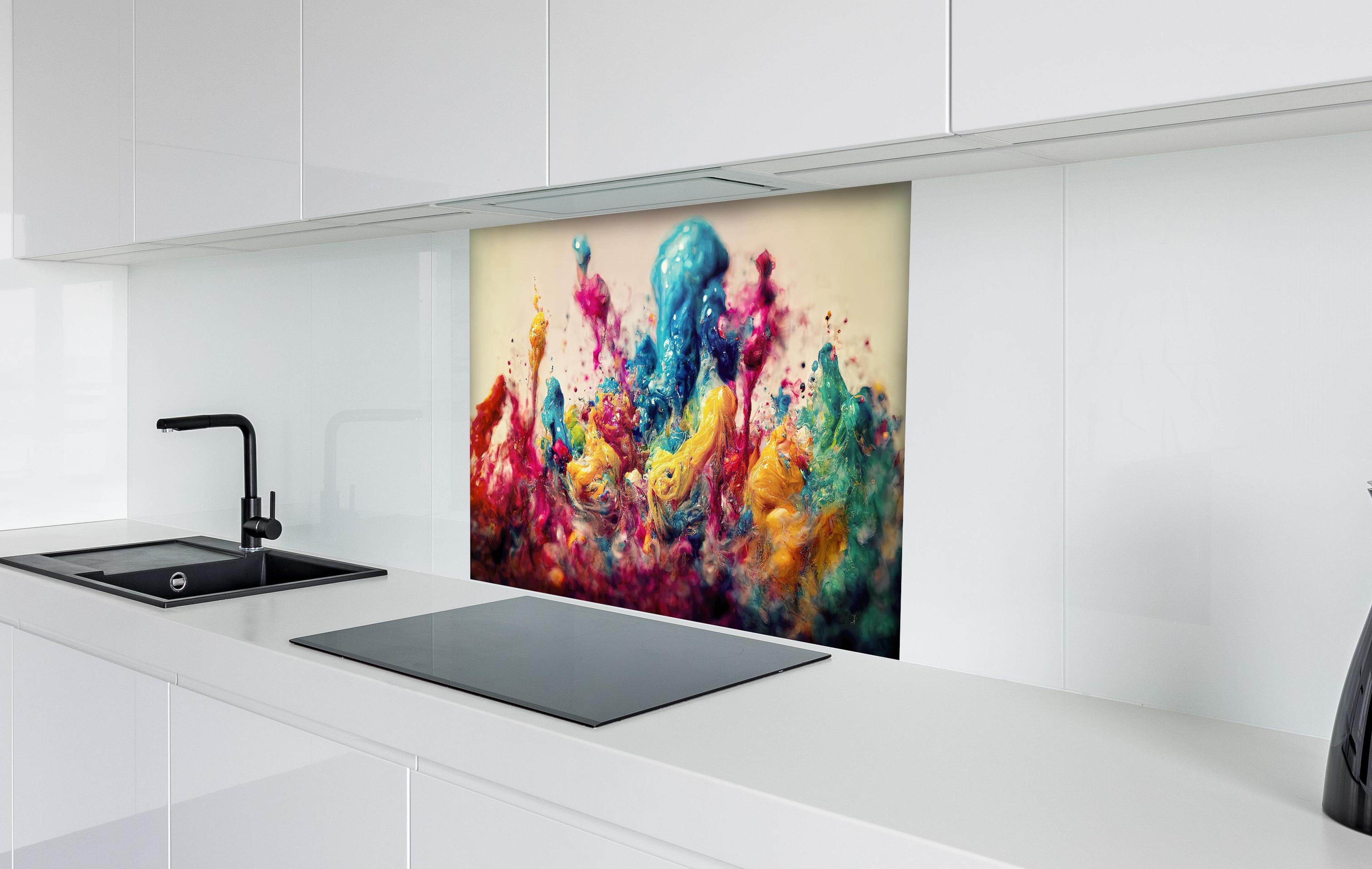 Spritzschutz - Bunte Ölfarben Explosion als Hintergrund hinter einem Cerankochfeld zwischen Holz-Kochutensilien