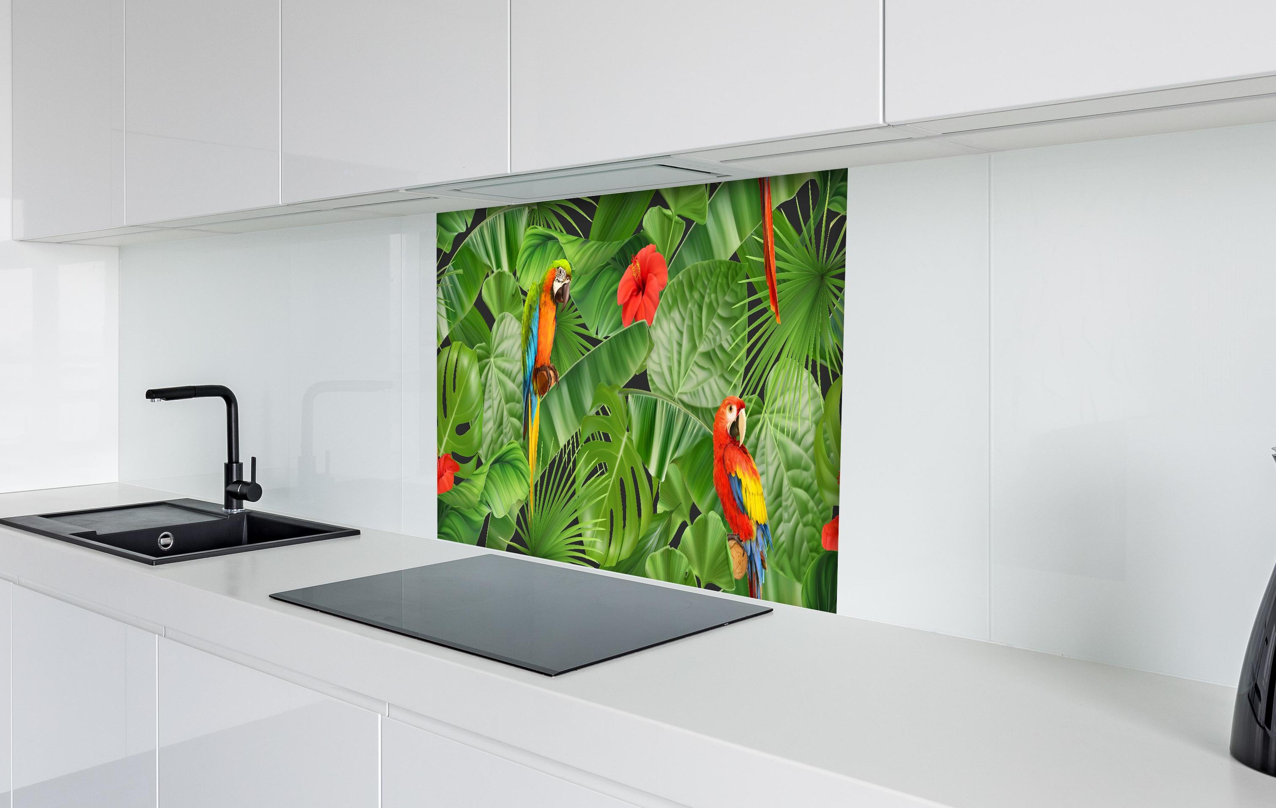 Spritzschutz - Bunter Papagei Dschungel Design hinter einem Cerankochfeld zwischen Holz-Kochutensilien
