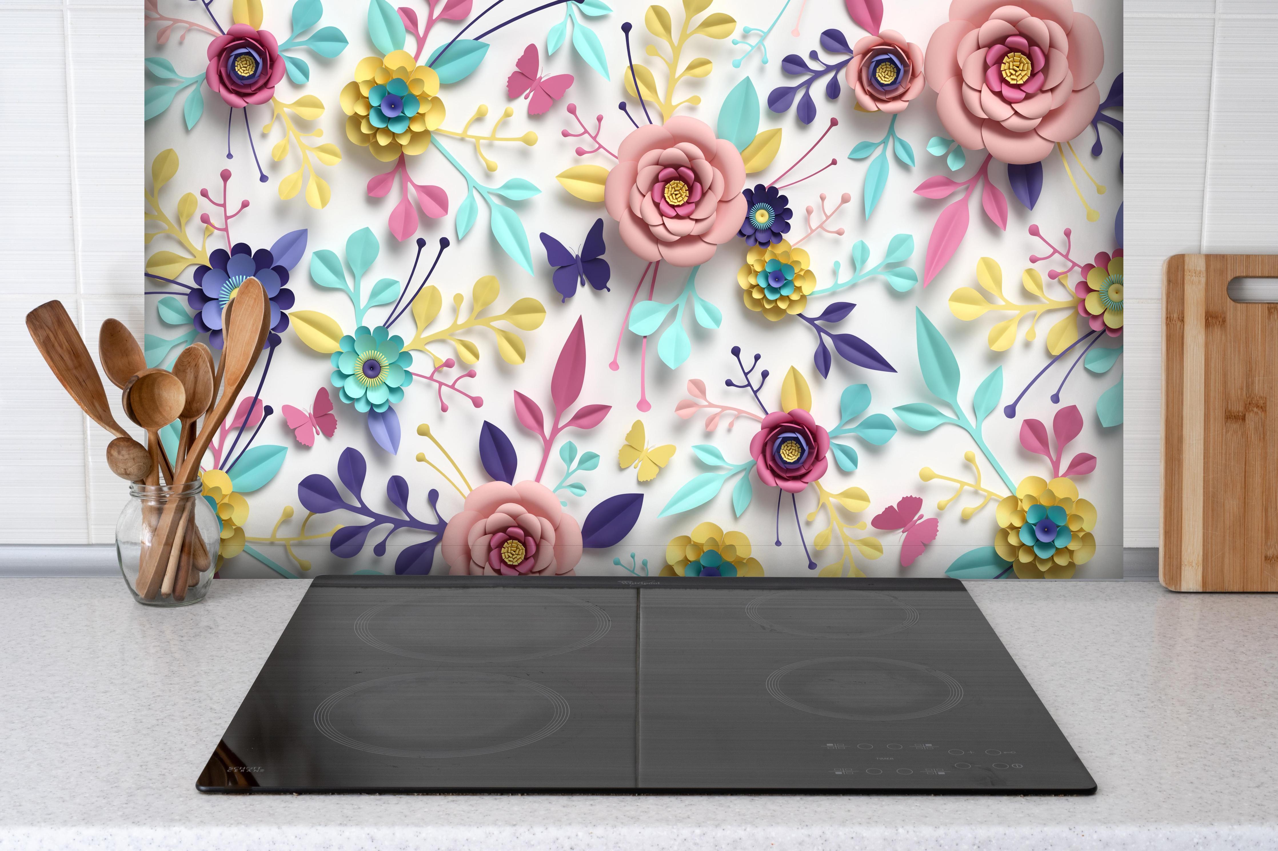 Spritzschutz - Buntes Design - Textur hinter einem Cerankochfeld zwischen Holz-Kochutensilien