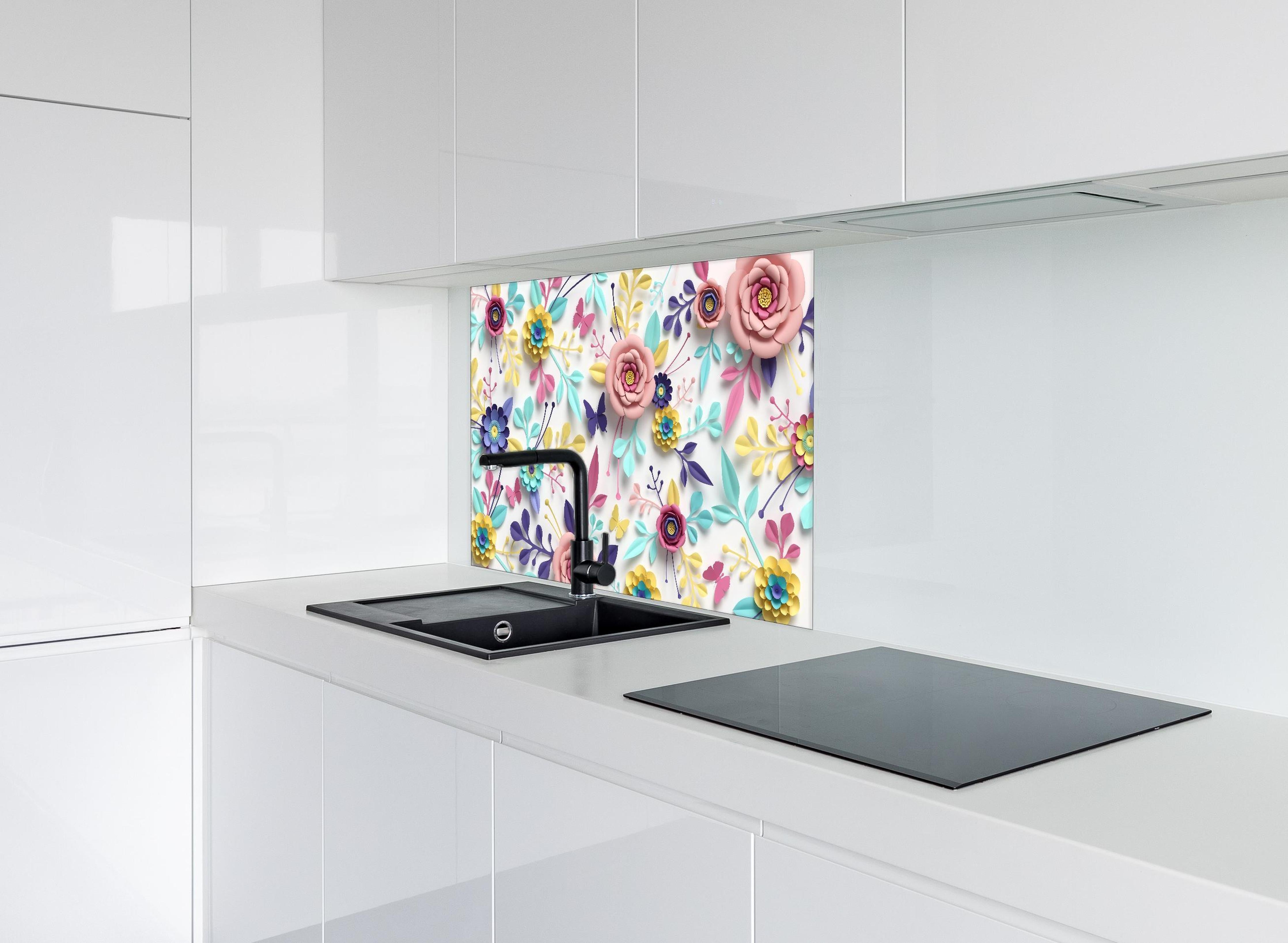 Spritzschutz - Buntes Design - Textur hinter einem Cerankochfeld zwischen Holz-Kochutensilien