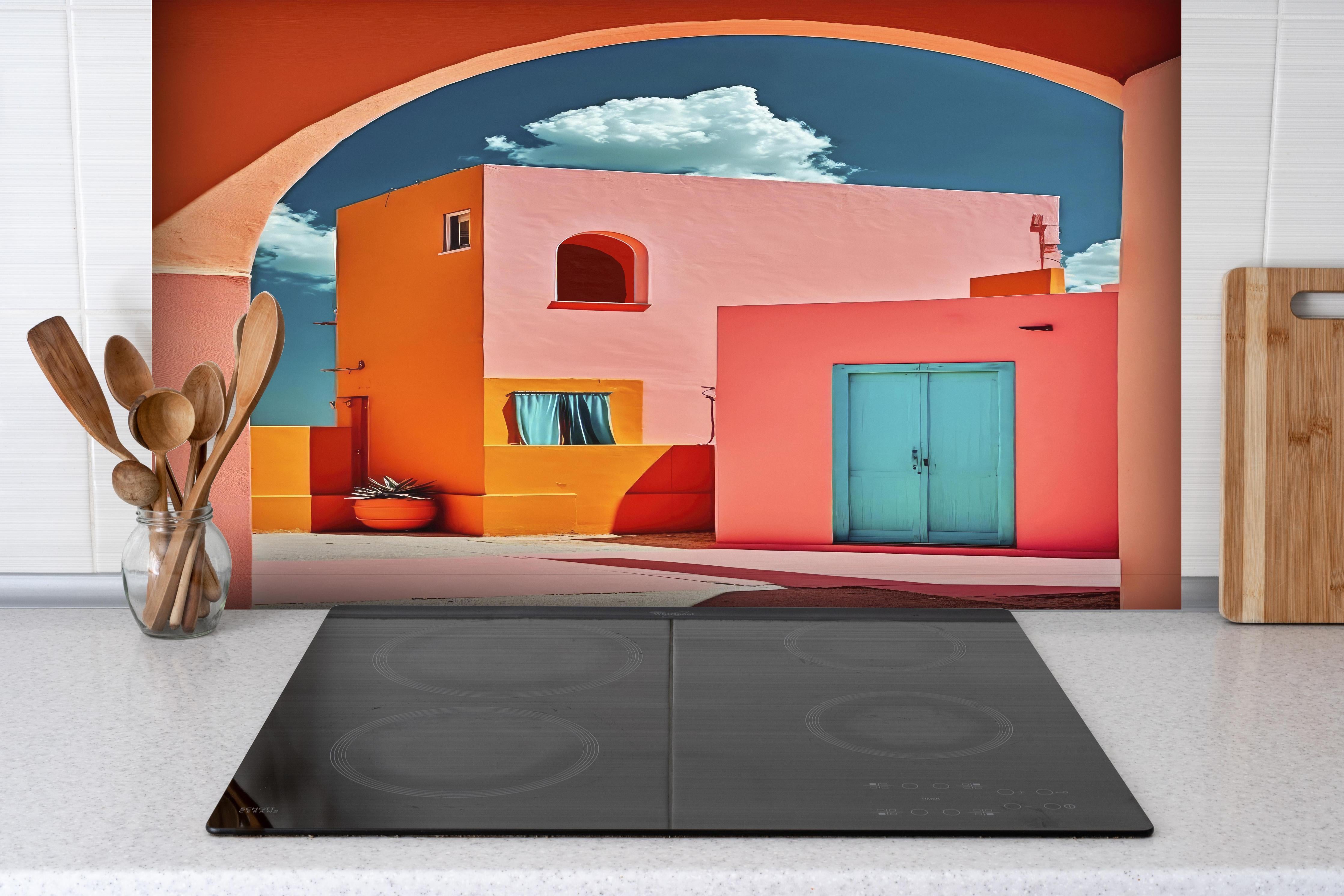 Spritzschutz - Buntes Dorf Mediterranes Flair hinter einem Cerankochfeld zwischen Holz-Kochutensilien