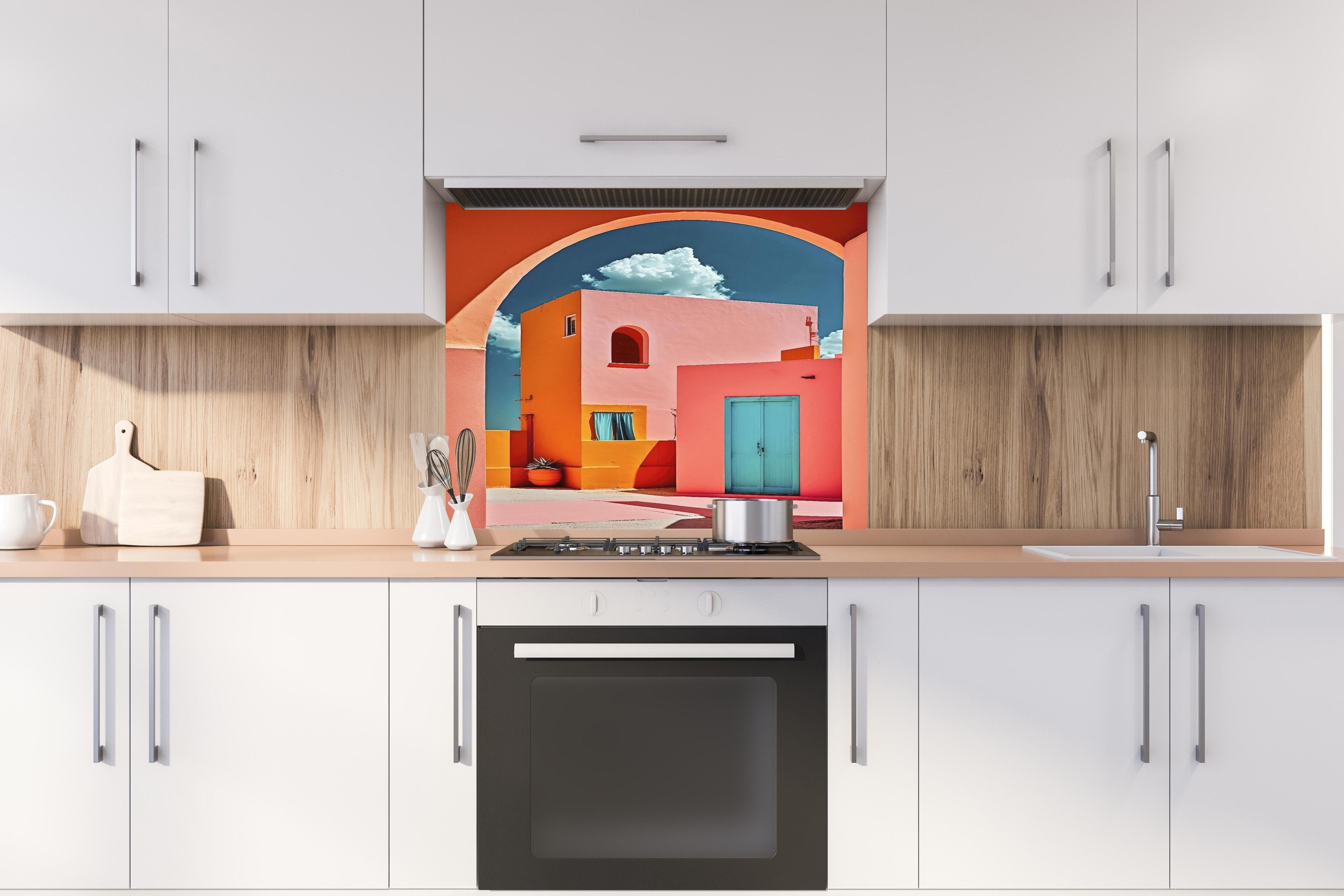 Spritzschutz - Buntes Dorf Mediterranes Flair hinter einem Cerankochfeld zwischen Holz-Kochutensilien