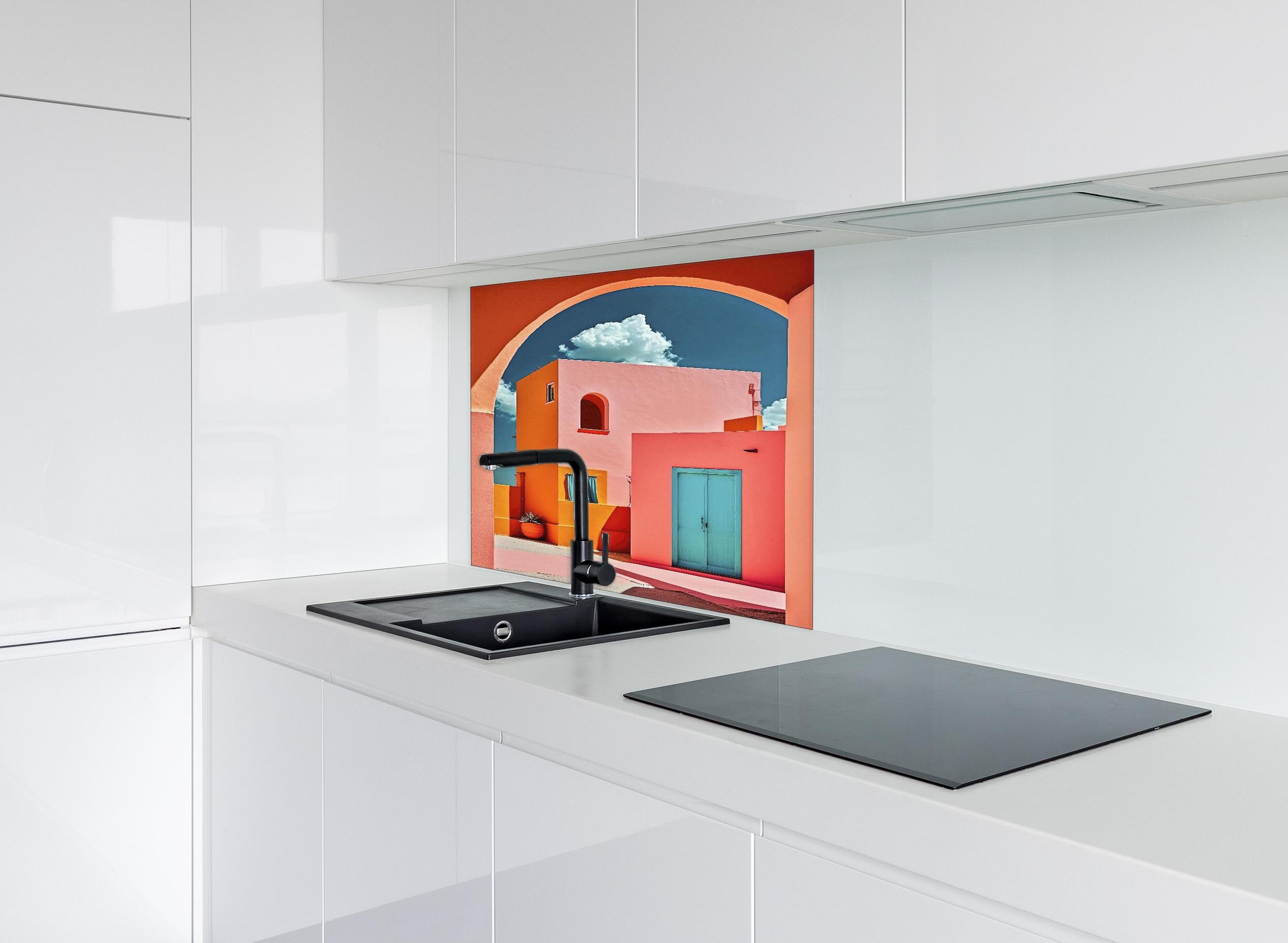 Spritzschutz - Buntes Dorf Mediterranes Flair hinter einem Cerankochfeld zwischen Holz-Kochutensilien