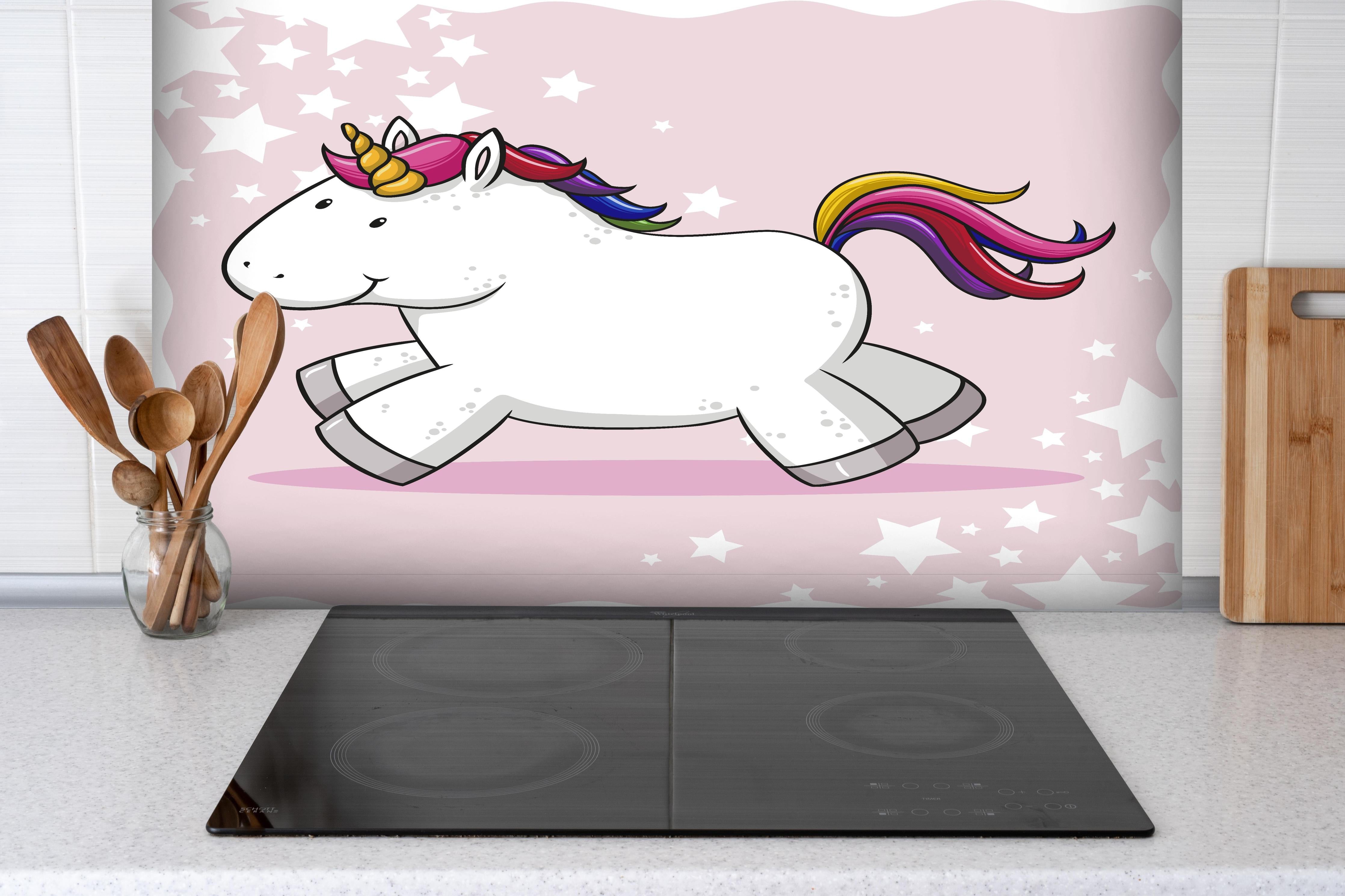 Spritzschutz - Buntes Einhorn Vektor für Kinder hinter einem Cerankochfeld zwischen Holz-Kochutensilien