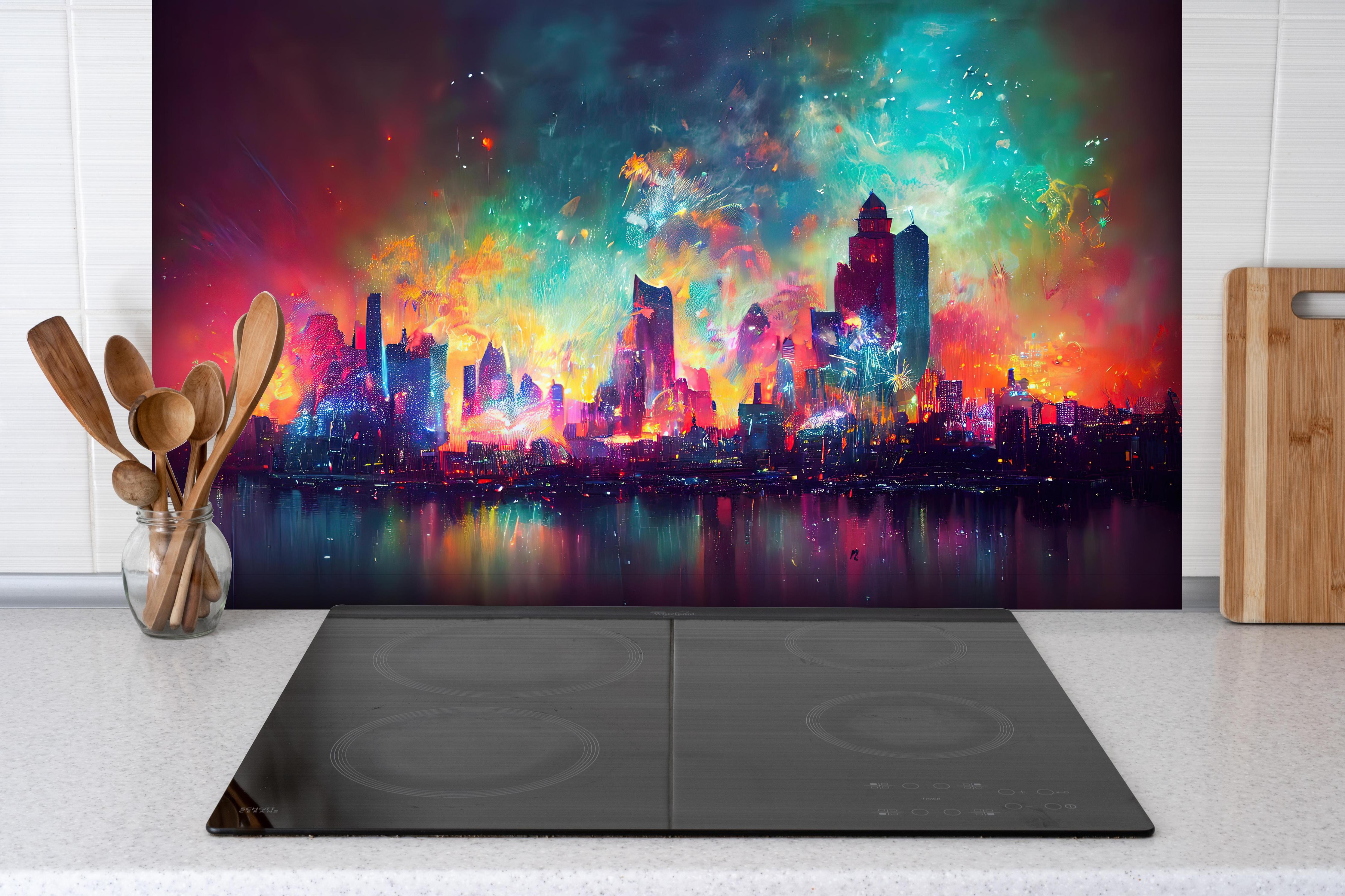 Spritzschutz - Buntes Feuerwerk bei Nacht - Graphik hinter einem Cerankochfeld zwischen Holz-Kochutensilien