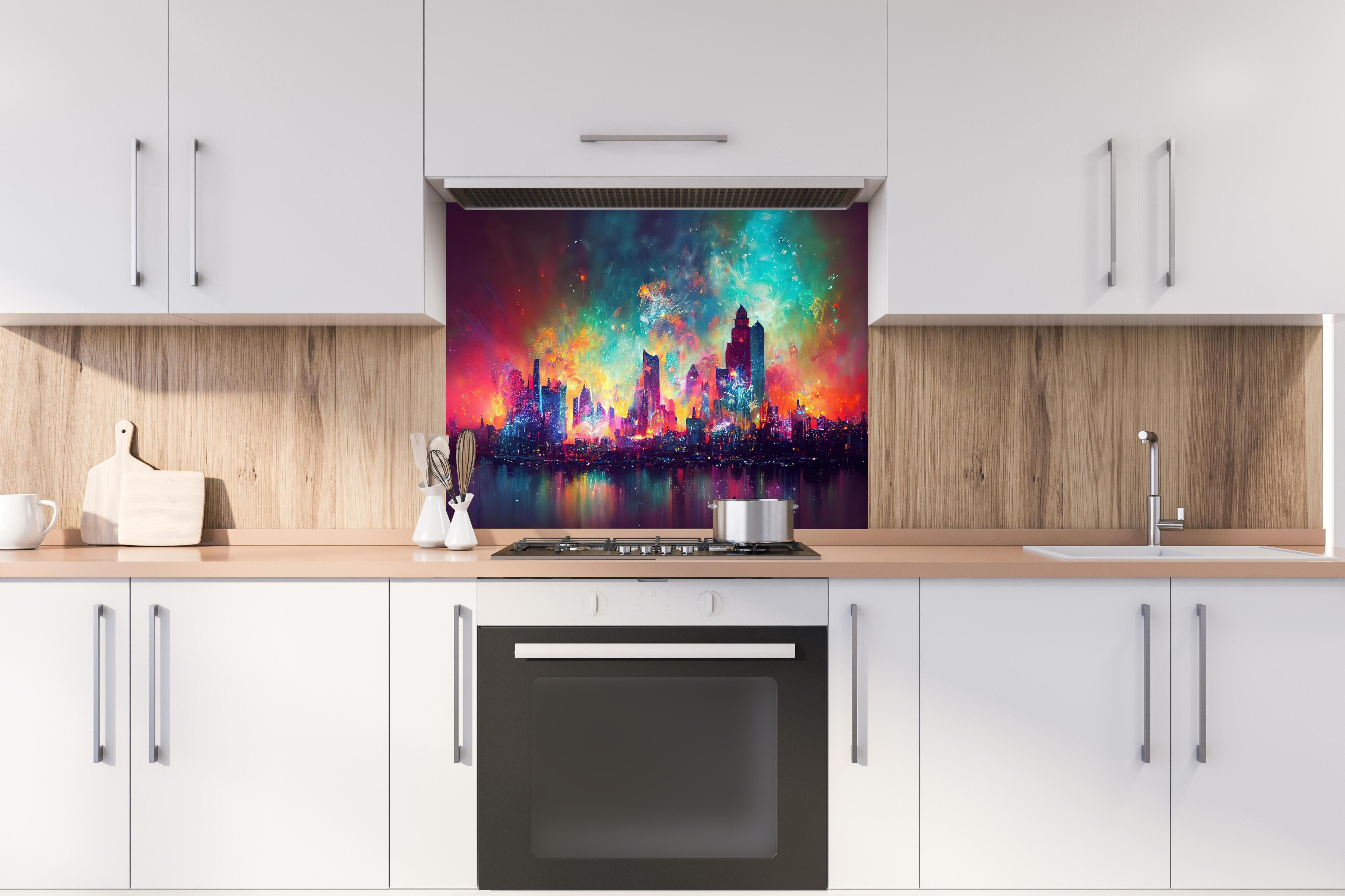 Spritzschutz - Buntes Feuerwerk bei Nacht - Graphik hinter einem Cerankochfeld zwischen Holz-Kochutensilien
