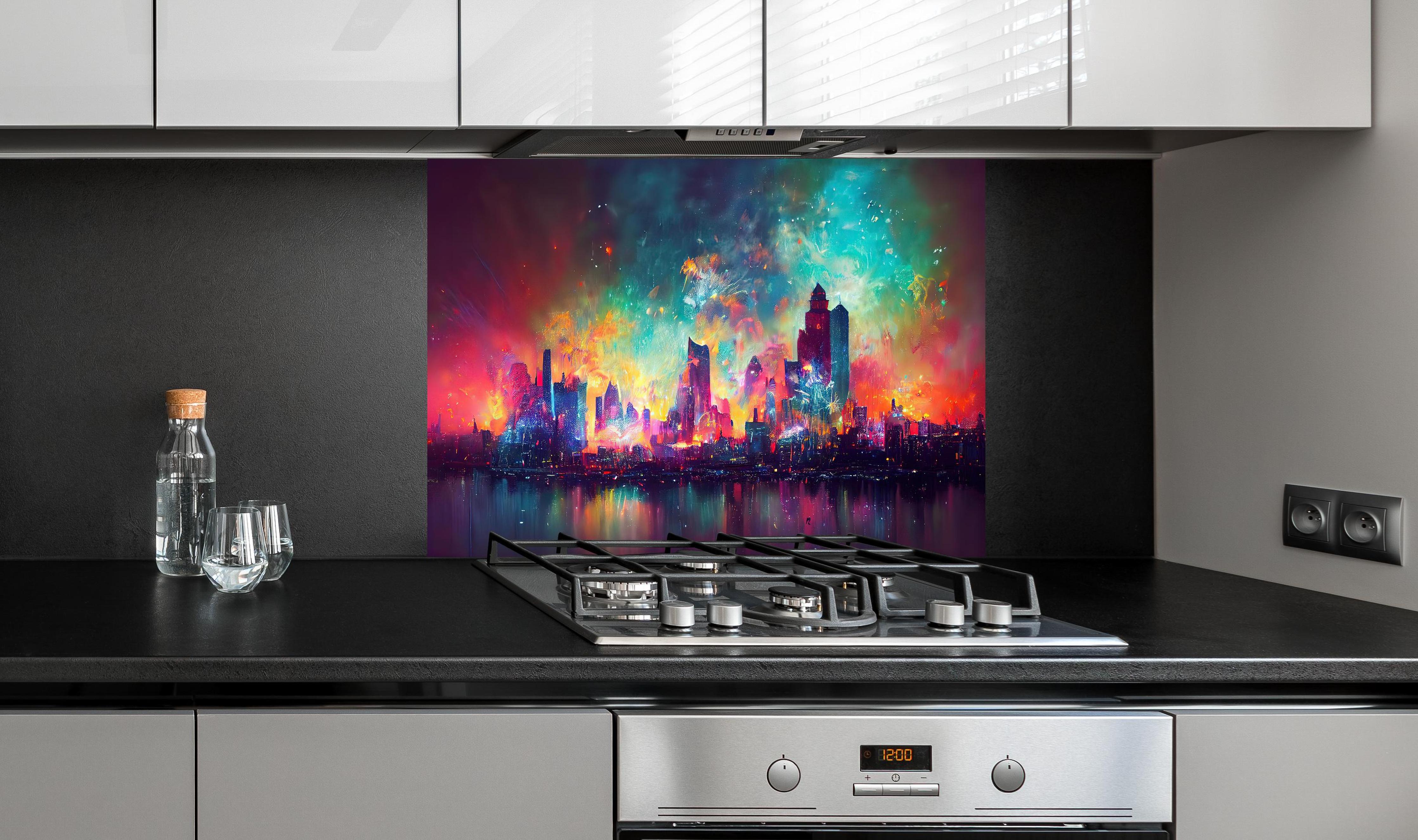 Spritzschutz - Buntes Feuerwerk bei Nacht - Graphik hinter einem Cerankochfeld zwischen Holz-Kochutensilien