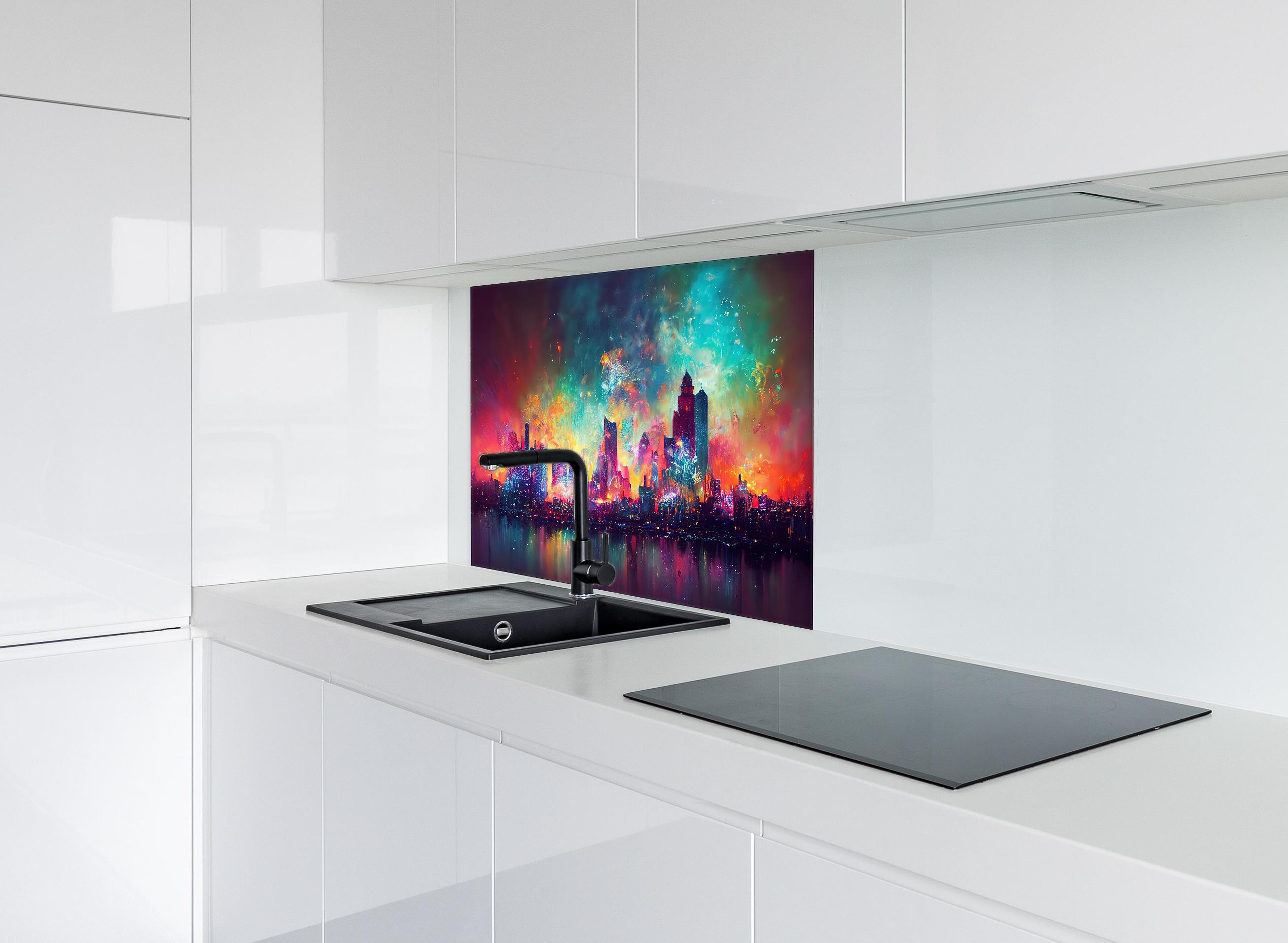 Spritzschutz - Buntes Feuerwerk bei Nacht - Graphik hinter einem Cerankochfeld zwischen Holz-Kochutensilien